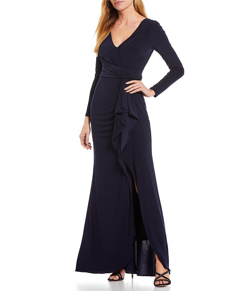 Betsy & Adam Long Sleeve Surplice V-Neck Side Ruched Gown