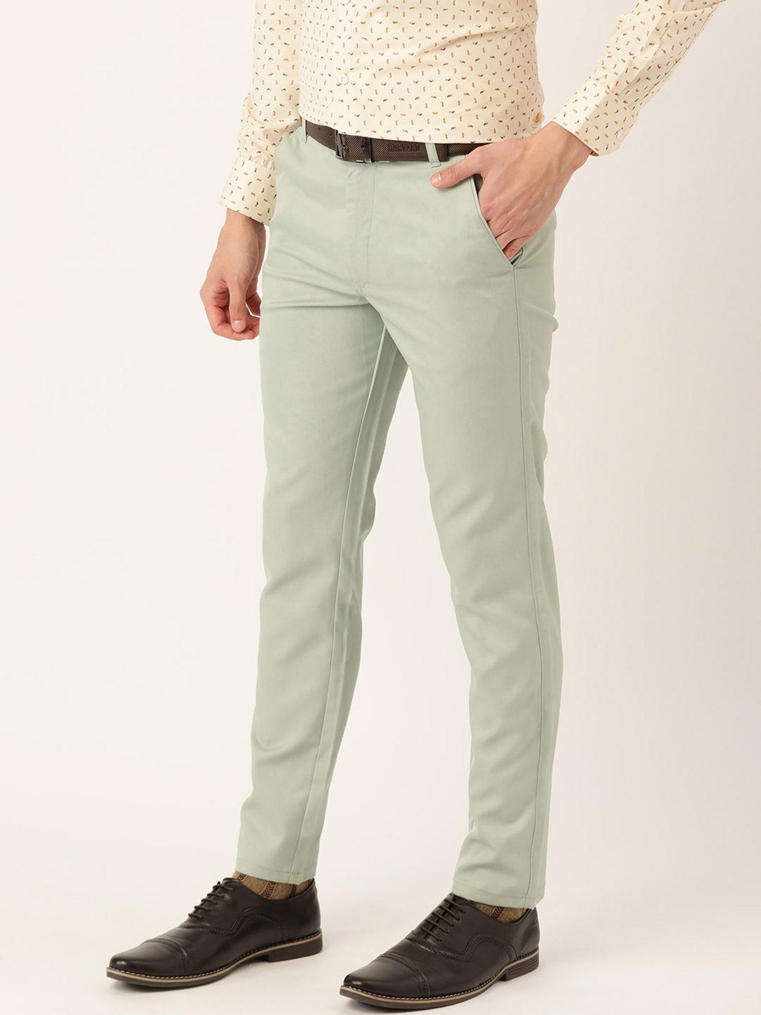 Sojanya Pista Green Cotton Regular Slim Fit Flat Front Trousers