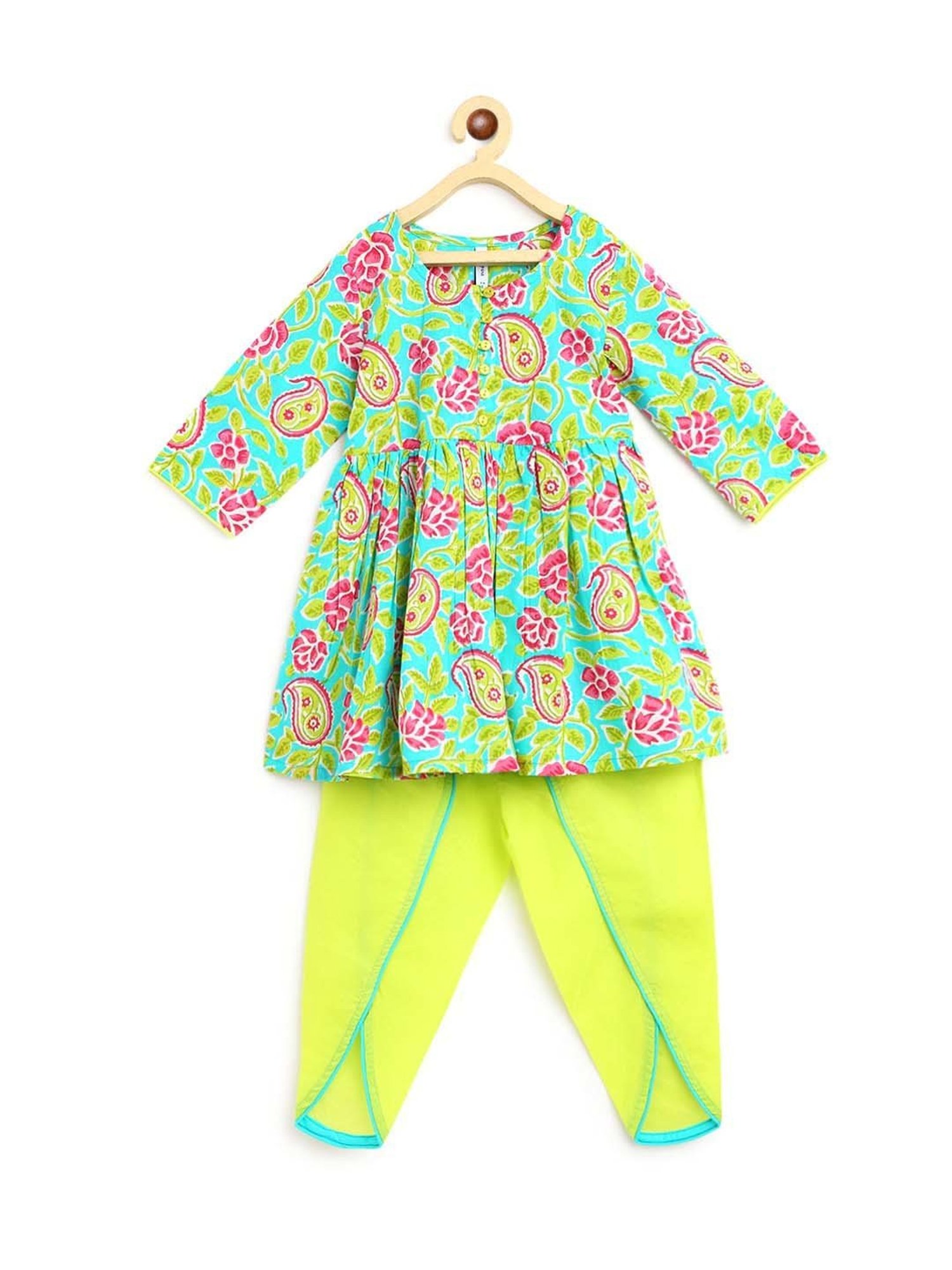 Campana Kids Blue & Green Cotton Floral Print Kurta Set