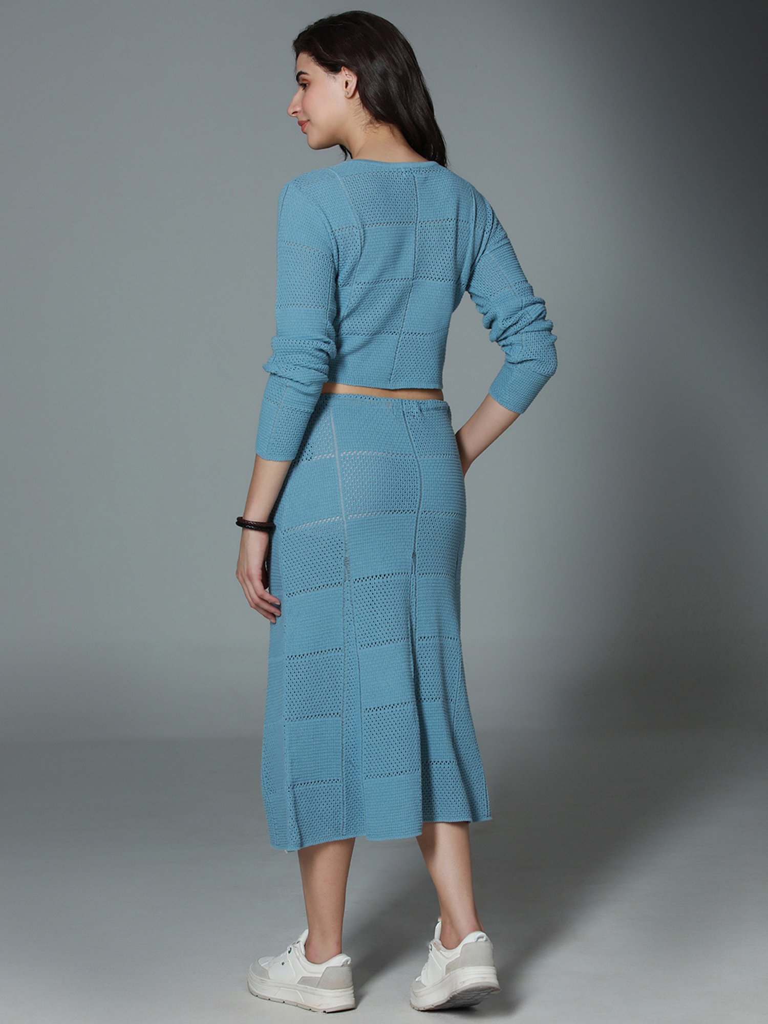 High Star Blue Cotton Self Design Top With Skirt