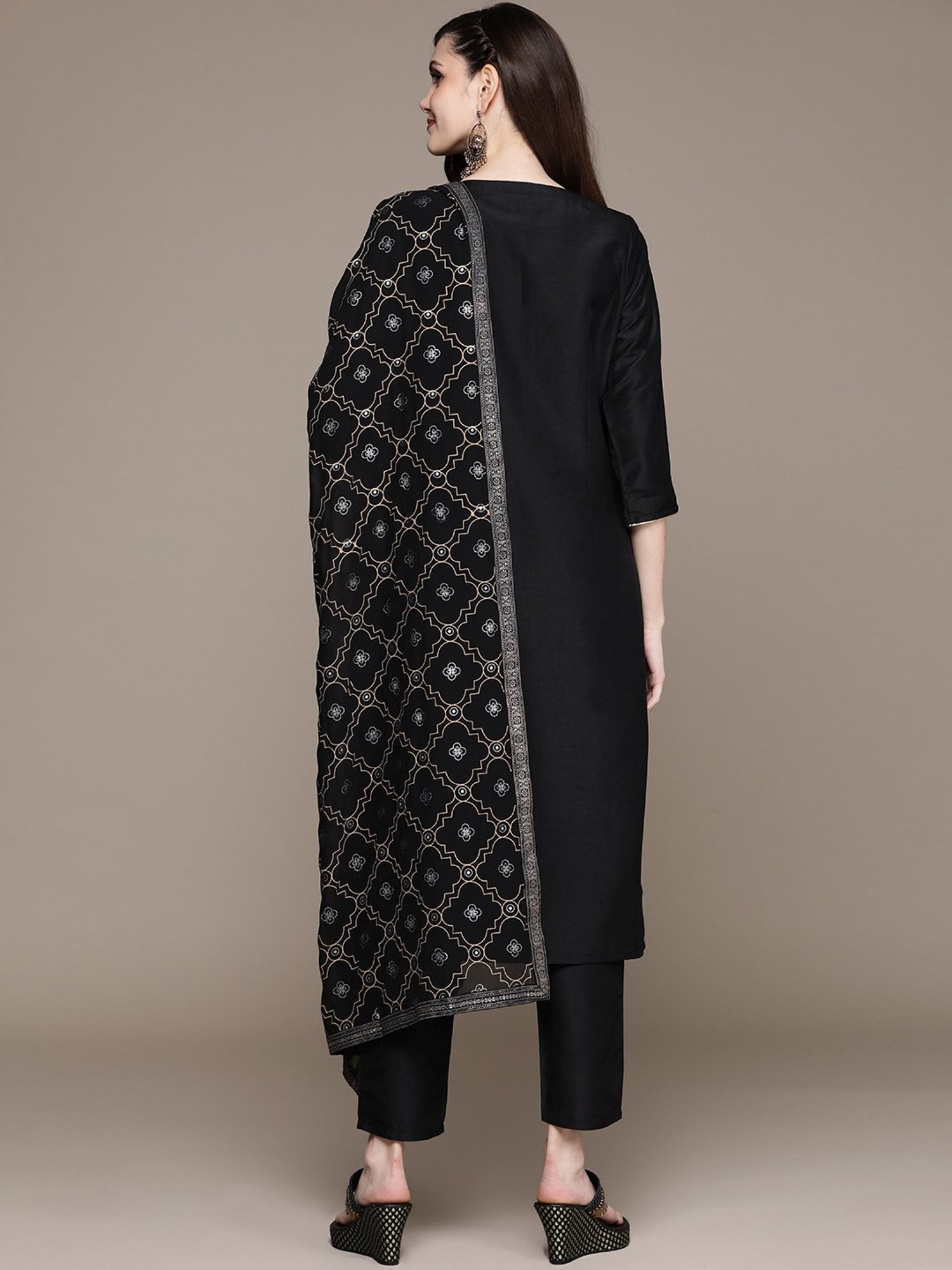 Ziyaa Black Woven Pattern Kurta Pant Set With Dupatta