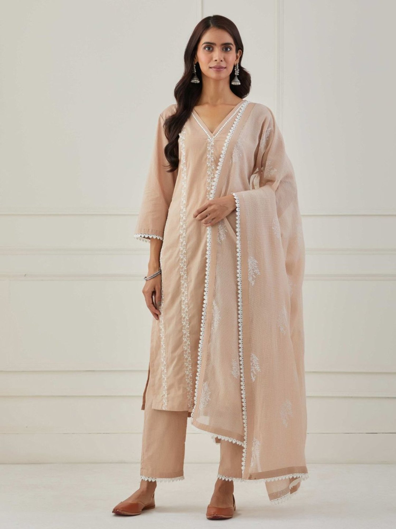 Priya Chaudhary Beige Sudha Embroidered Cotton Kurta with Pants and Kota Cotton Dupatta