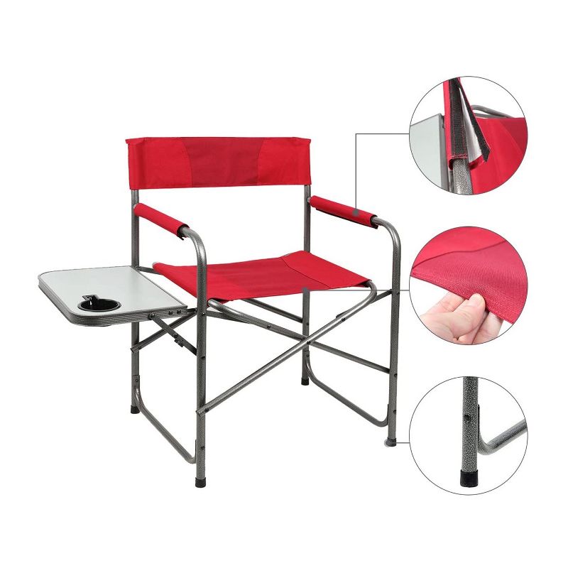 Portal Indoor Outdoor Portable Lightweight Steel Frame Folding Camping Directors Chair with Side Table and Cup Holder, Red