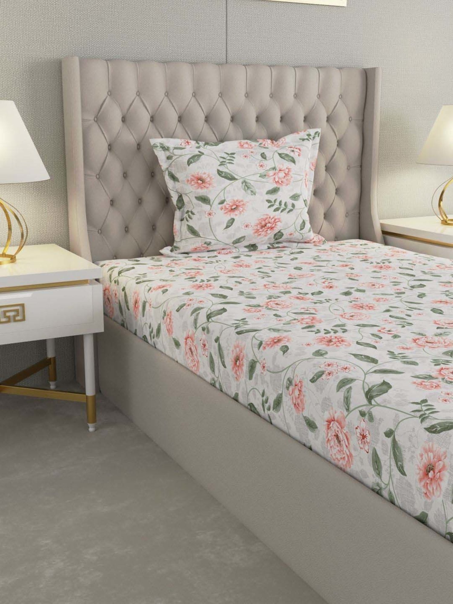 Raymond Home Delight White & Pink 104 TC Cotton Single Bedsheet with 1 Pillow Cover