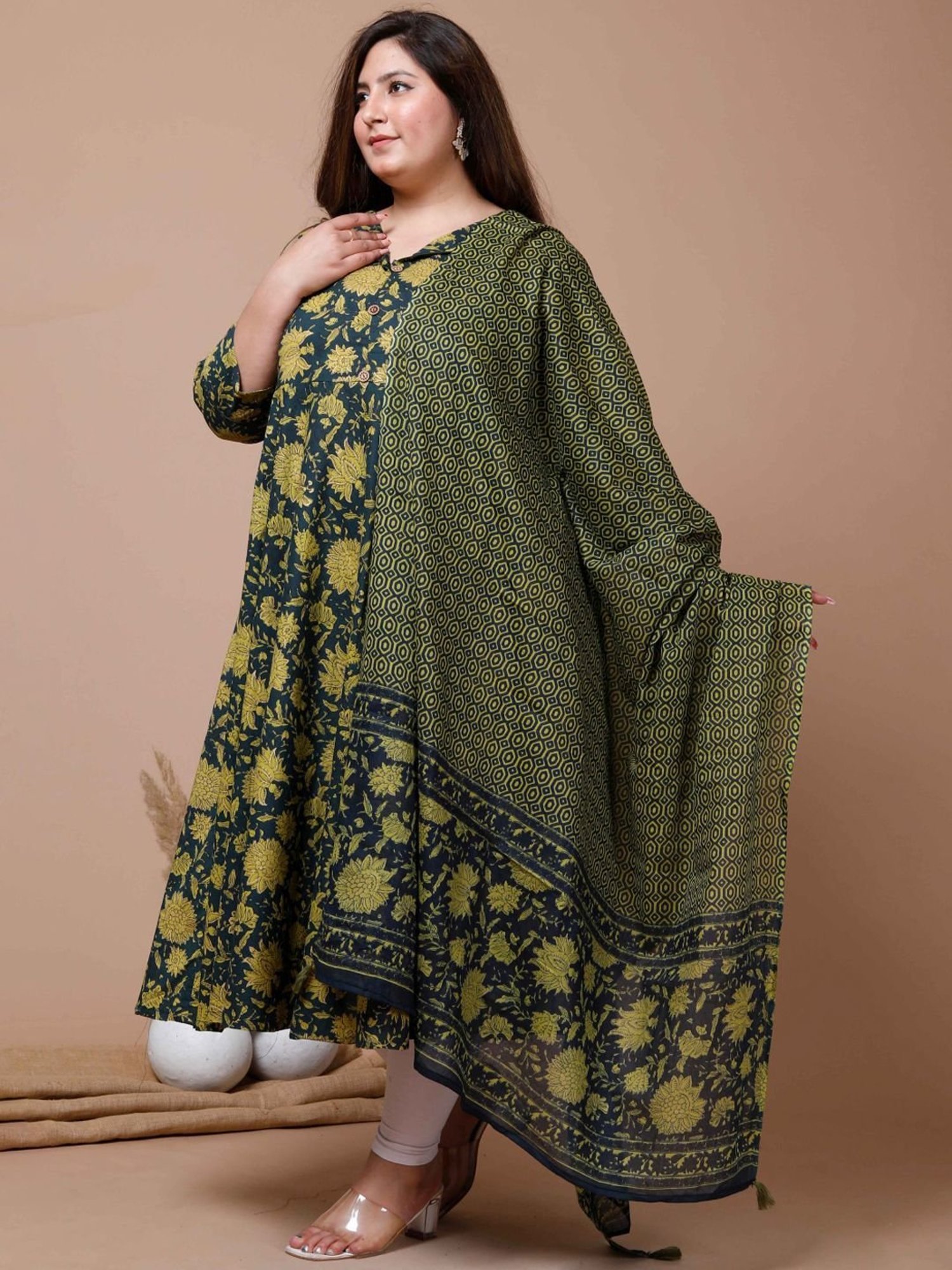 Miravan Green Cotton Floral Print A Line Kurta With Dupatta