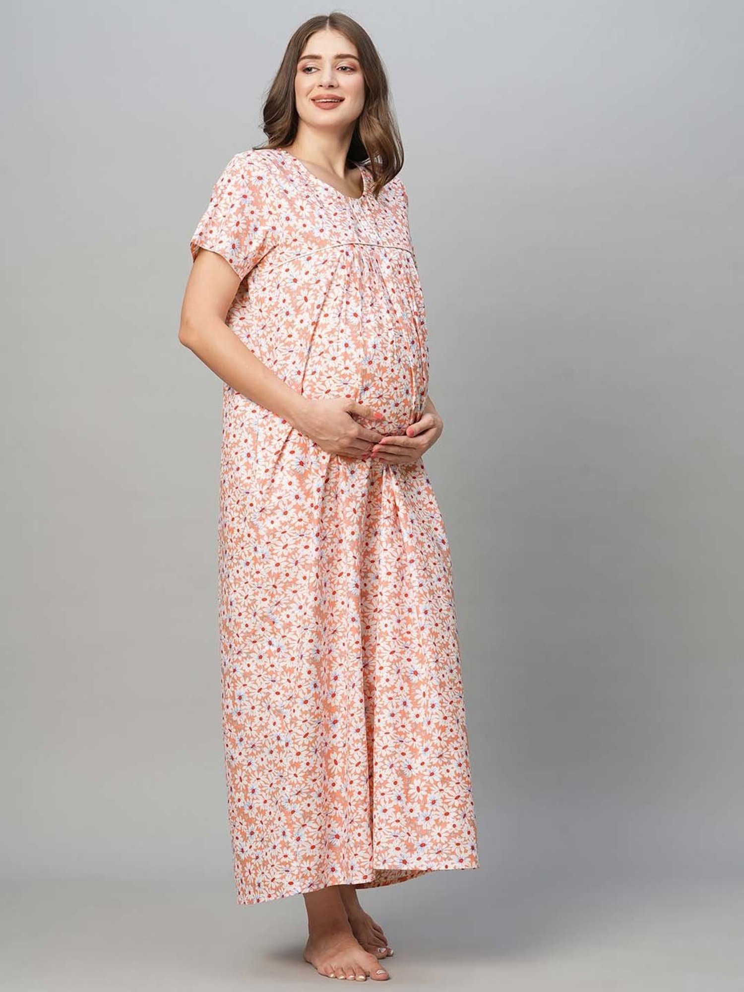 MomToBe Peach Floral Print Maternity Nighty