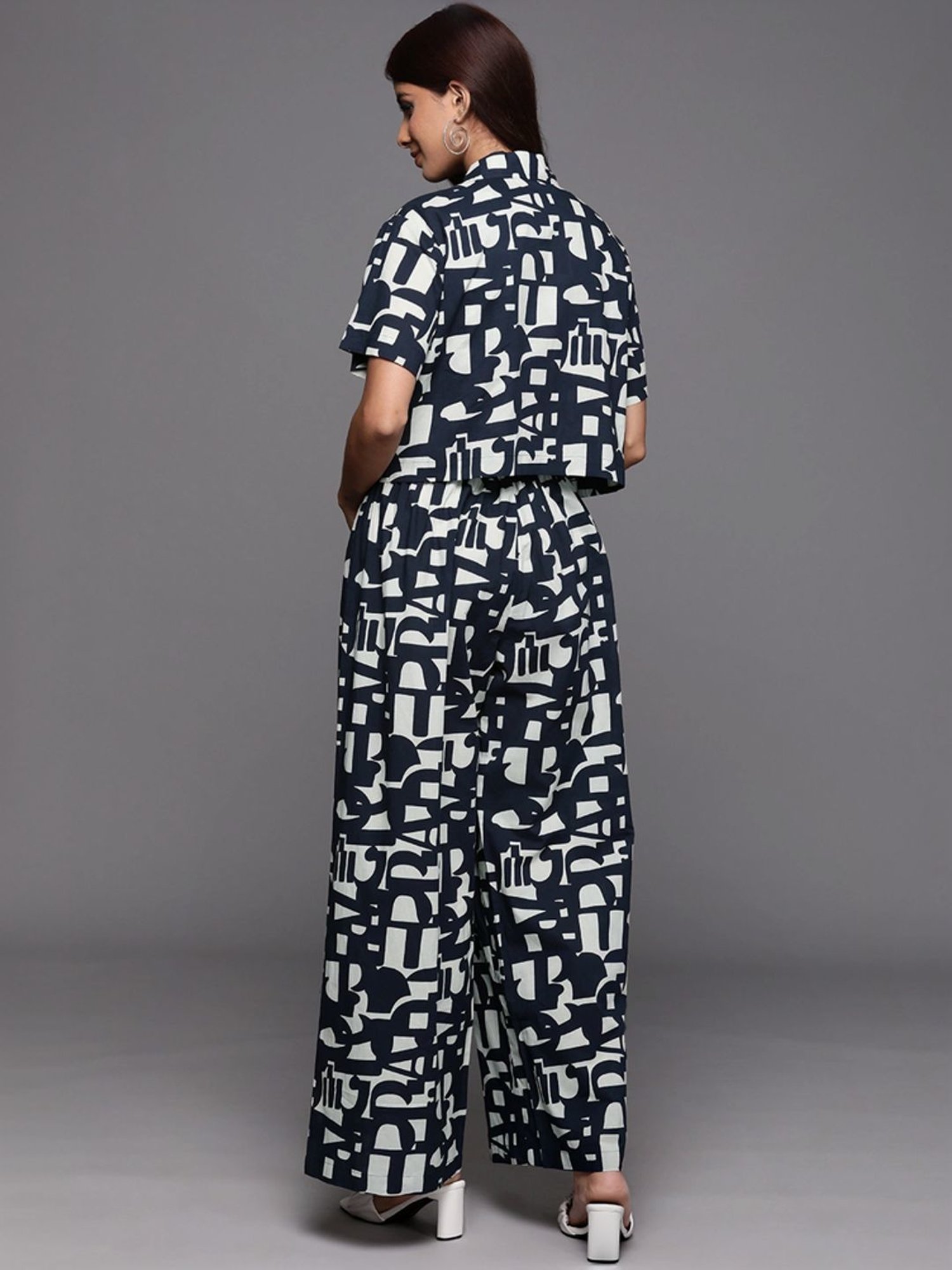 Varanga Navy Cotton Printed Crop Top Palazzo Set With Jacket