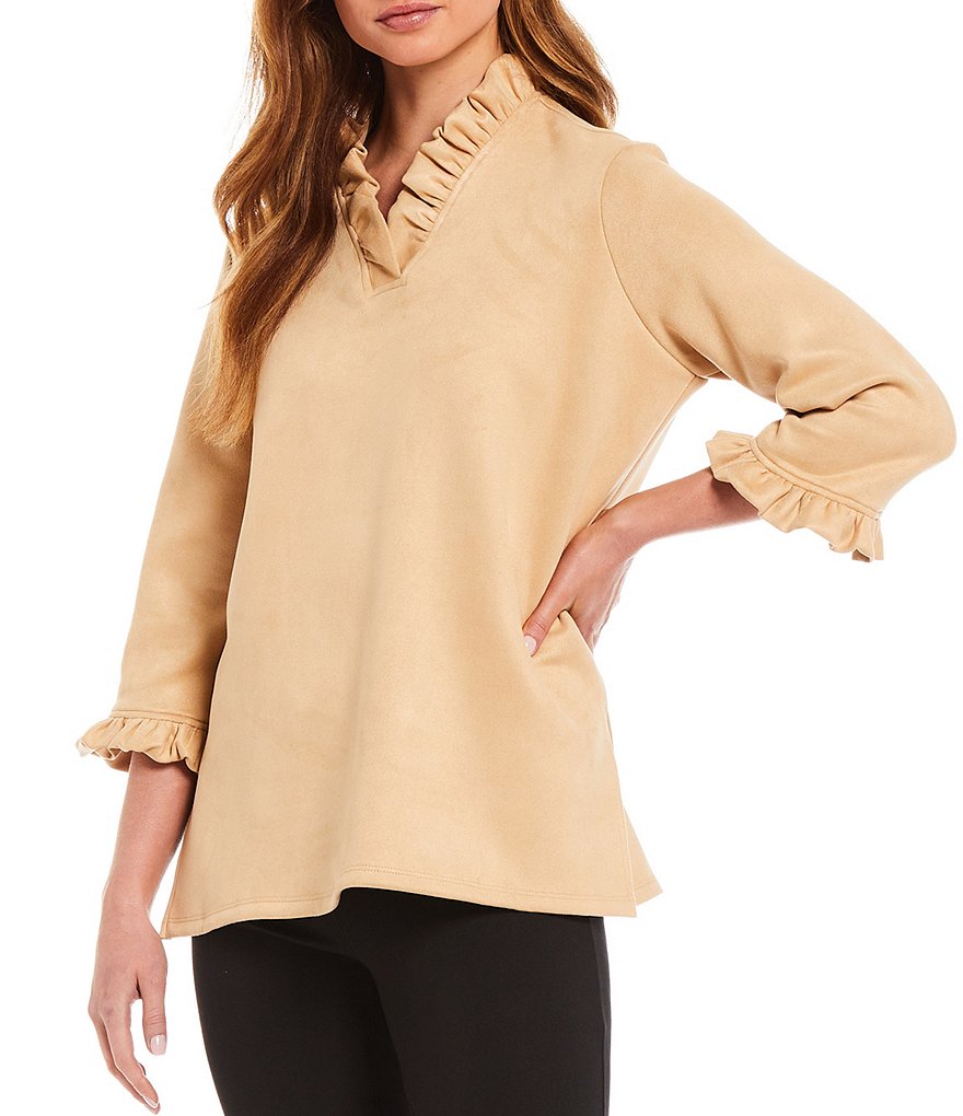 Jude Connally Cora Faux Suede 3/4 Sleeve Ruffle V-Neck Top