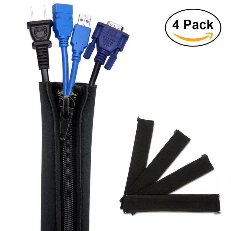 Cable Cord Management Sleeve 4 Pack Cable Wire Organizer with Zipper, 20 Inch Neoprene Flexible Cable Sleeve Wrap Cover Organizer for TV PC Home Theater and Office (Black)