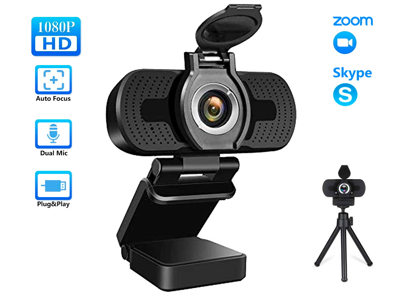 TROPRO 1080P webcam for PC, full HD computer camera with cover, USB web cam with microphone, cover, expandable tripod, streaming camera for Skype, Streaming, teleconference etc.