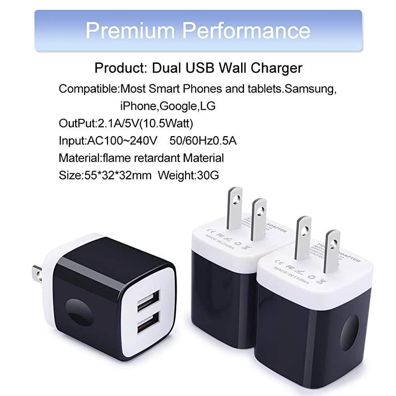 Wall ChargerPhone Charging Block3Pack 21A Dual Port Wall Plug Head Travel Adapter Cube Compatible iPhone 11 Pro Max XS XR X 8 7 6 PlusSamsung Galaxy A11 S20 S20+ S10e S10 S9 Note 10 10+ 9 8
