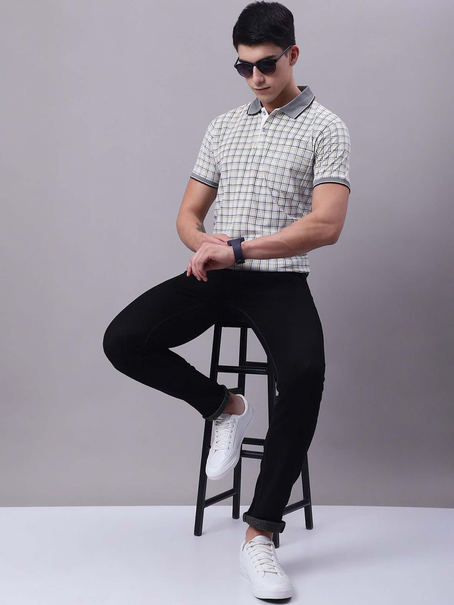 Venitian- Forbidden Clothing Olive & White Slim Fit Check Polo T-Shirt