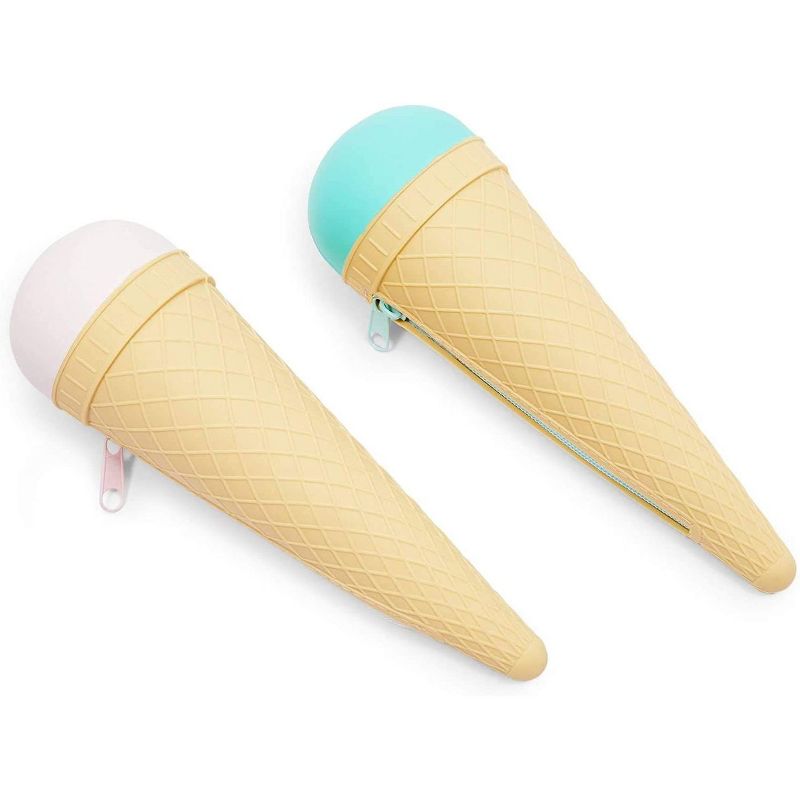 Okuna Outpost 2 Pcs Kawaii Ice Cream Cone Pencil Case Zipper Pouches Pen Organizer Storage, Pink, Mint