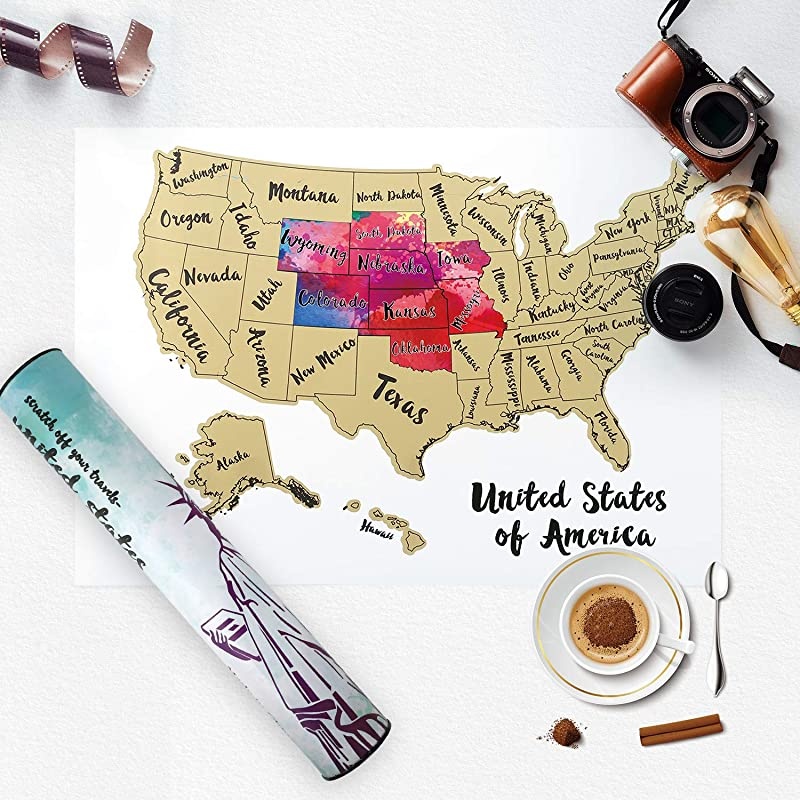 JARLINK Scratch off USA Map 12X17 inches United States Map with Unique Accessories Set Personalized Travel Tracker Poster USA Map Poster Perfect Gift for Travelers