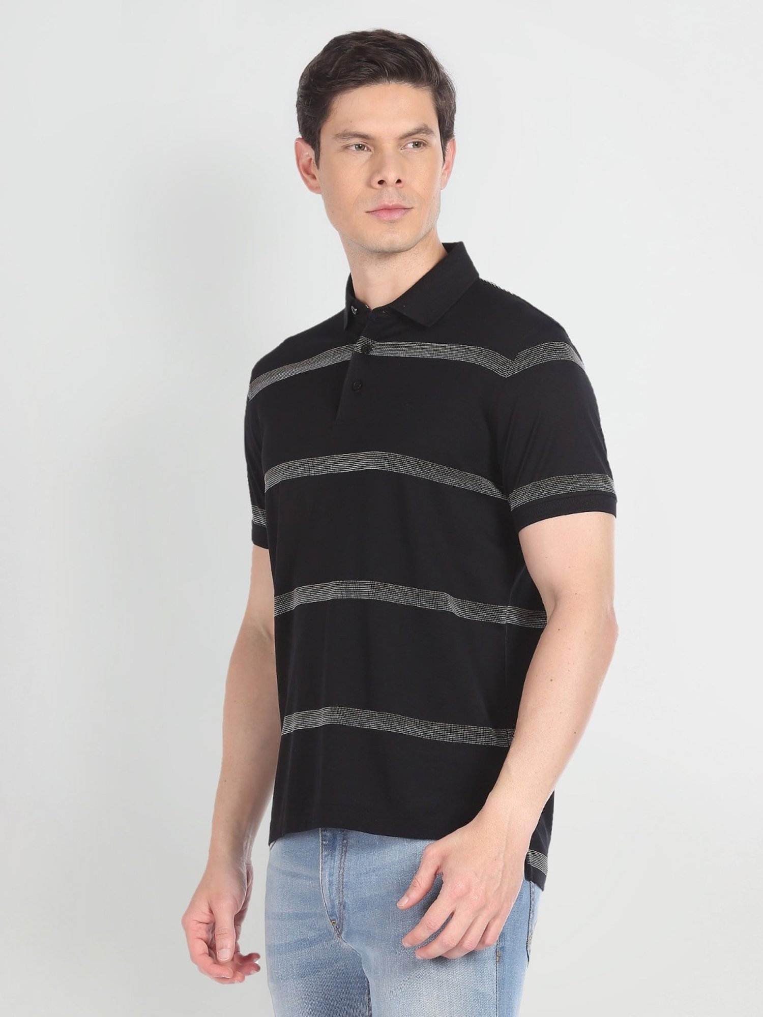 Arrow Black Cotton Regular Fit Striped Polo T-Shirt