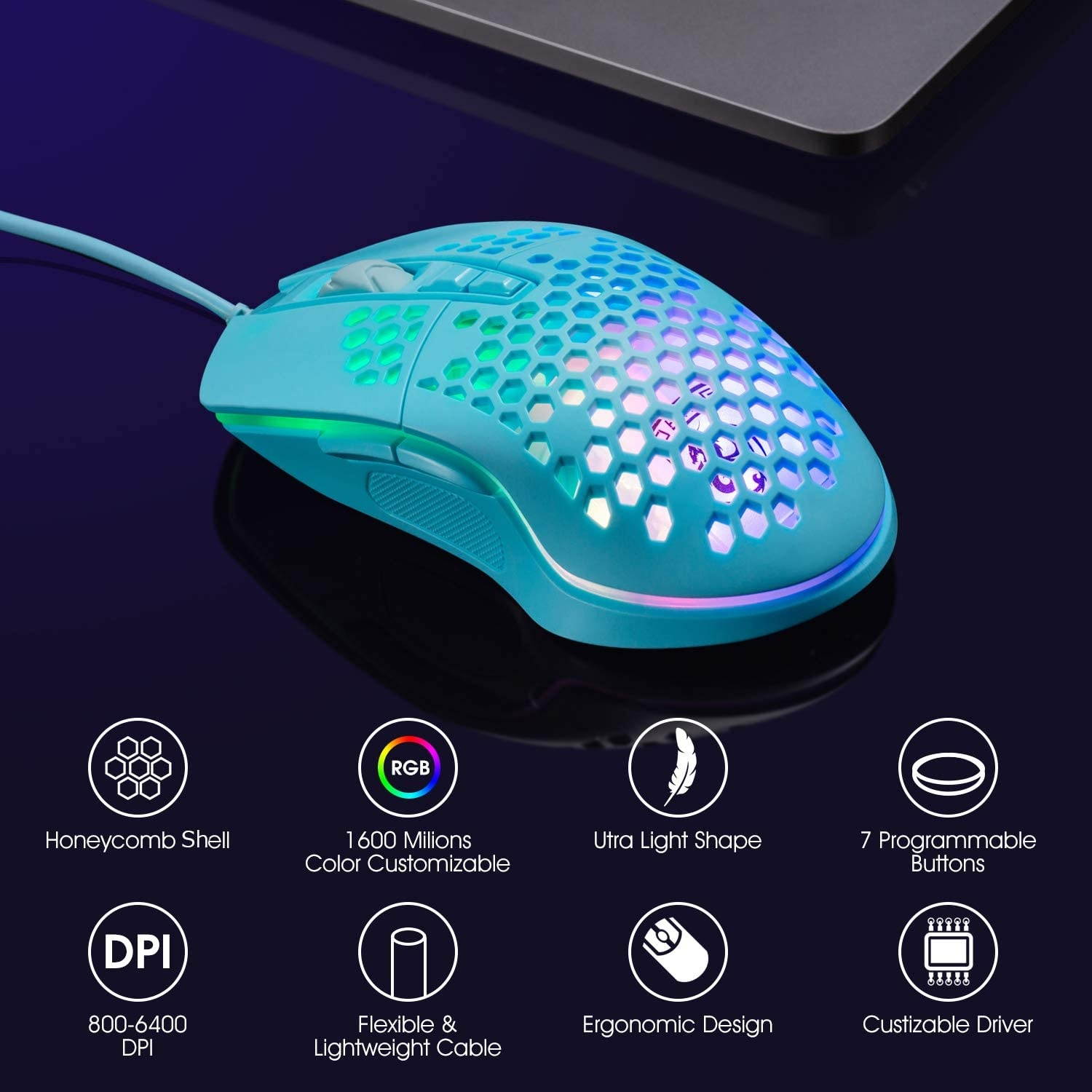 Lightweight Gaming MouseRGB Chroma LED Light Wired USB Mouse with Lightweight Honeycomb Shell 6400 DPI Adjustable 7 Programmed Button Ergonomic Optical Computer Gamer Gaming Mice for Mac PC Laptop