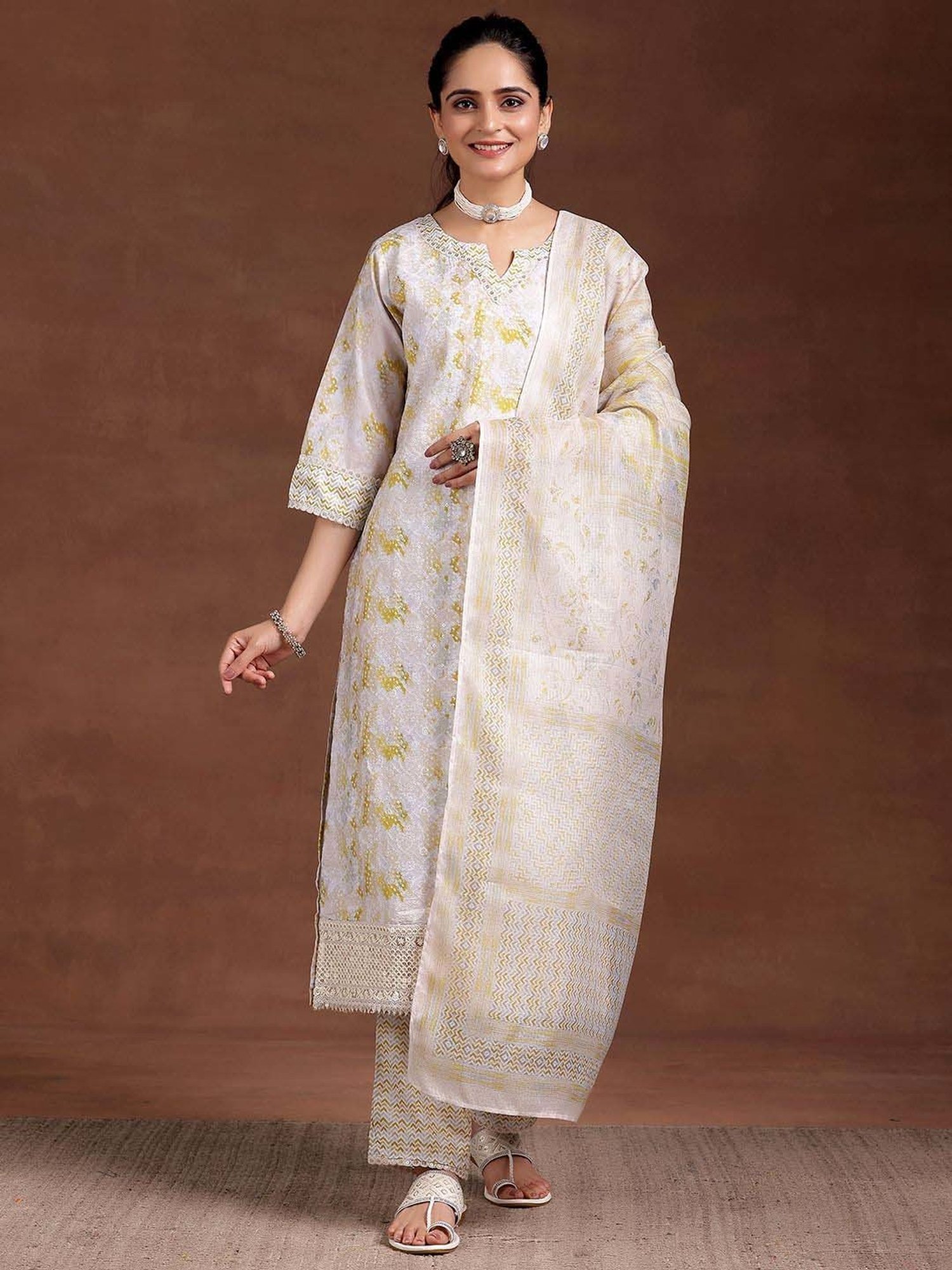 Libas Beige Embroidered Kurta Palazzo Set With Dupatta