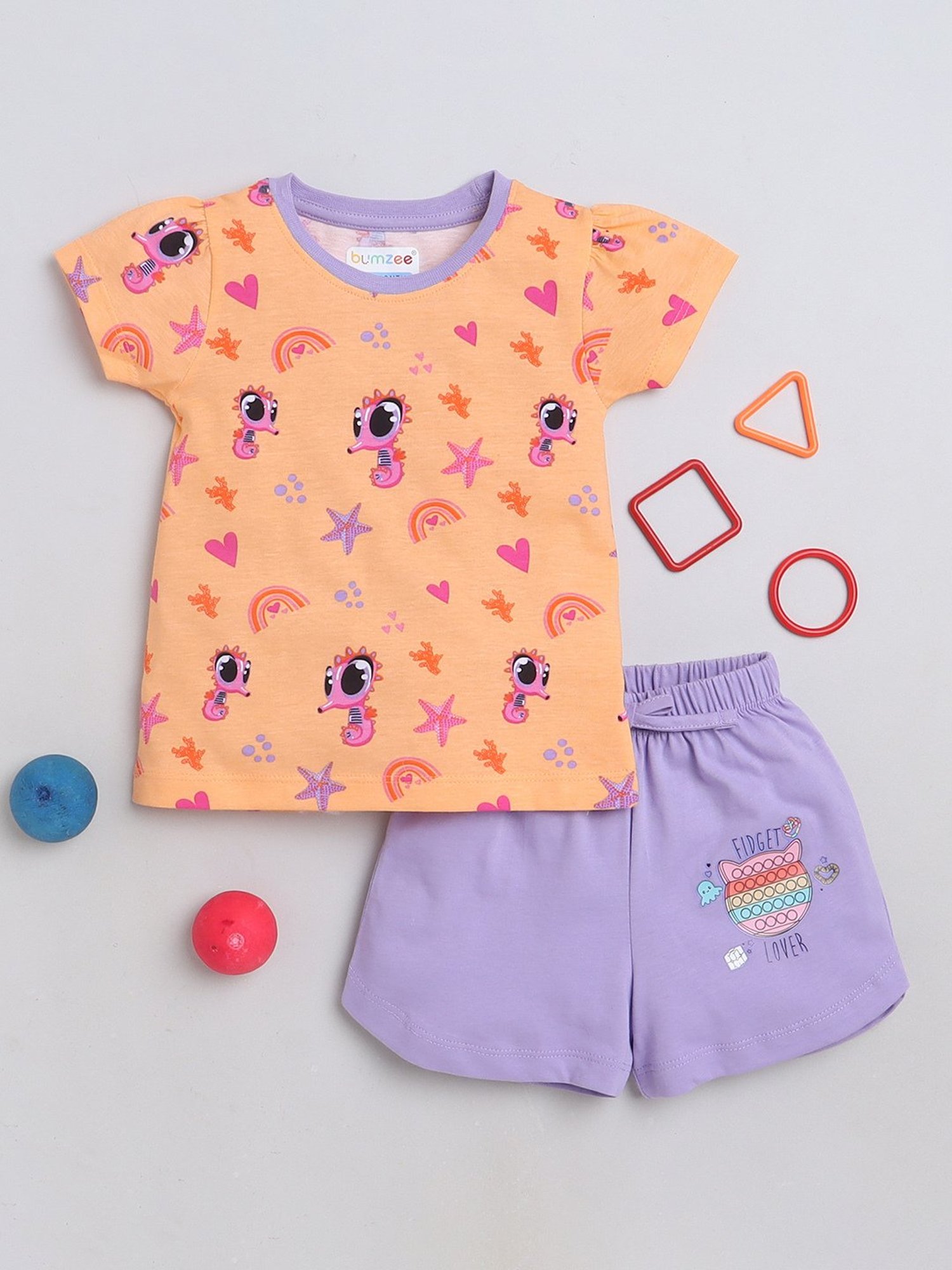 Bumzee Kids Peach & Purple Printed Top With Shorts