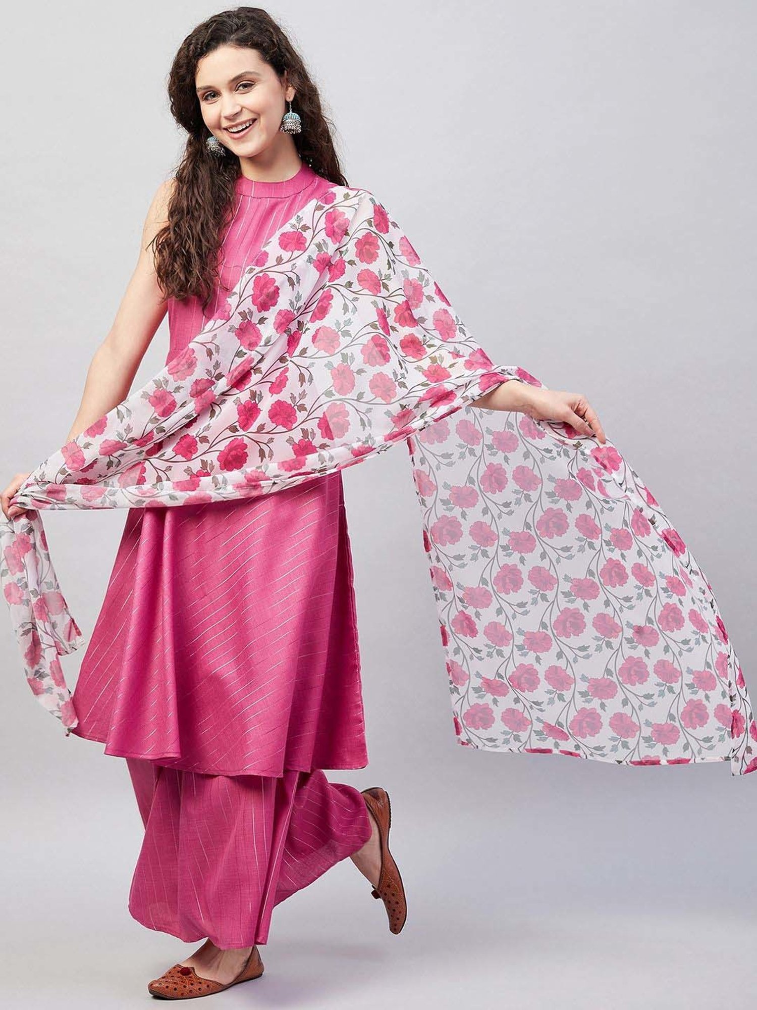 Inweave White & Pink Floral Print Dupatta