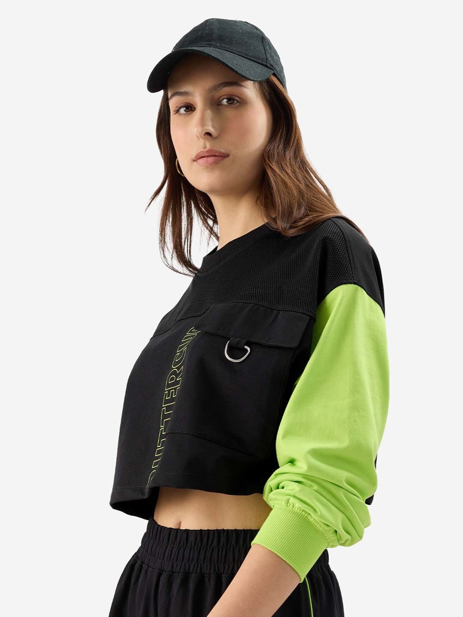 The Souled Store Black & Green Cotton Color-Block Cropped T-Shirt