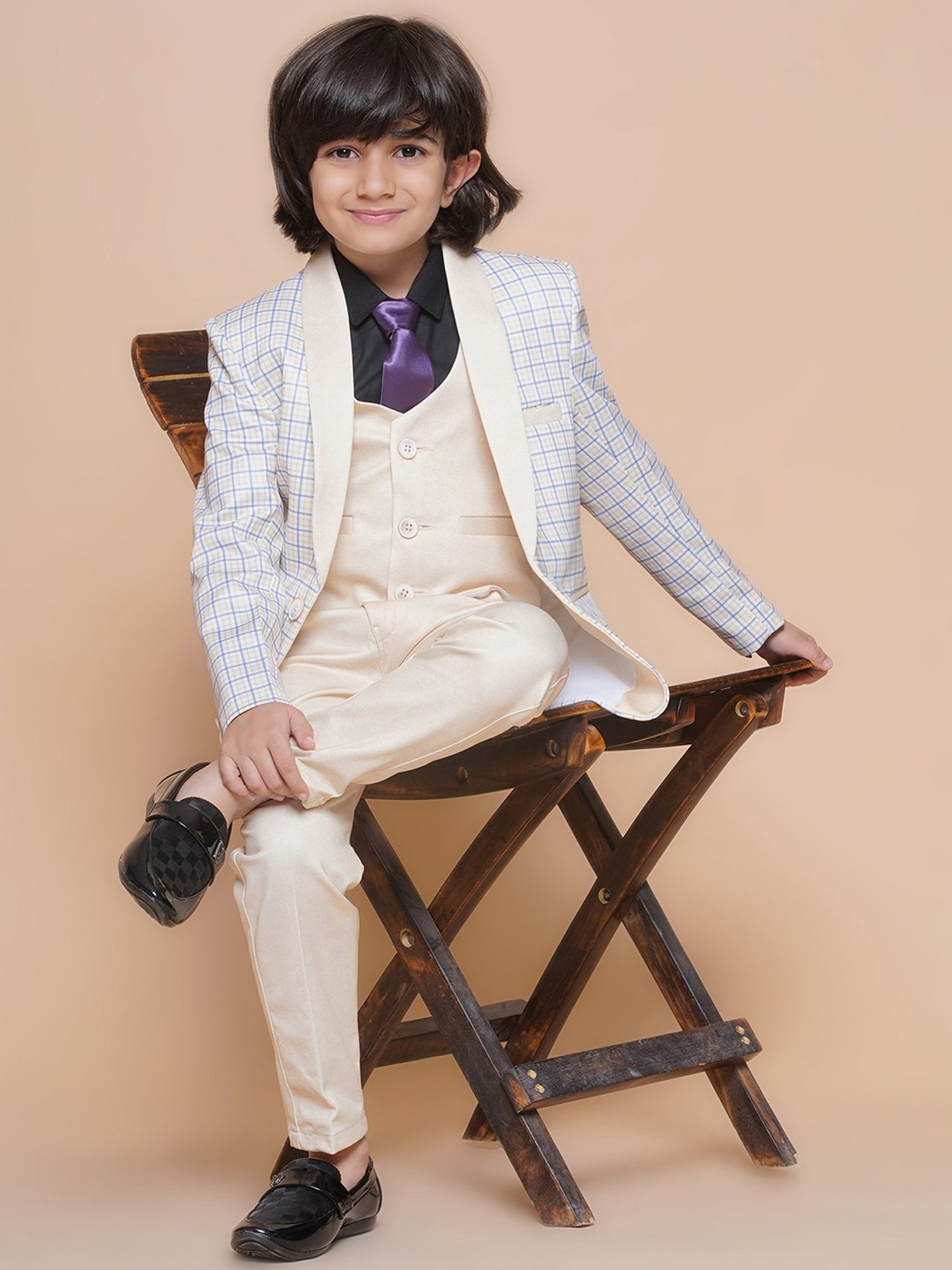 AJ Dezines Kids Blue & Cream Checks Full Sleeves Shirt, Pants, Coat, Waistcoat with Tie