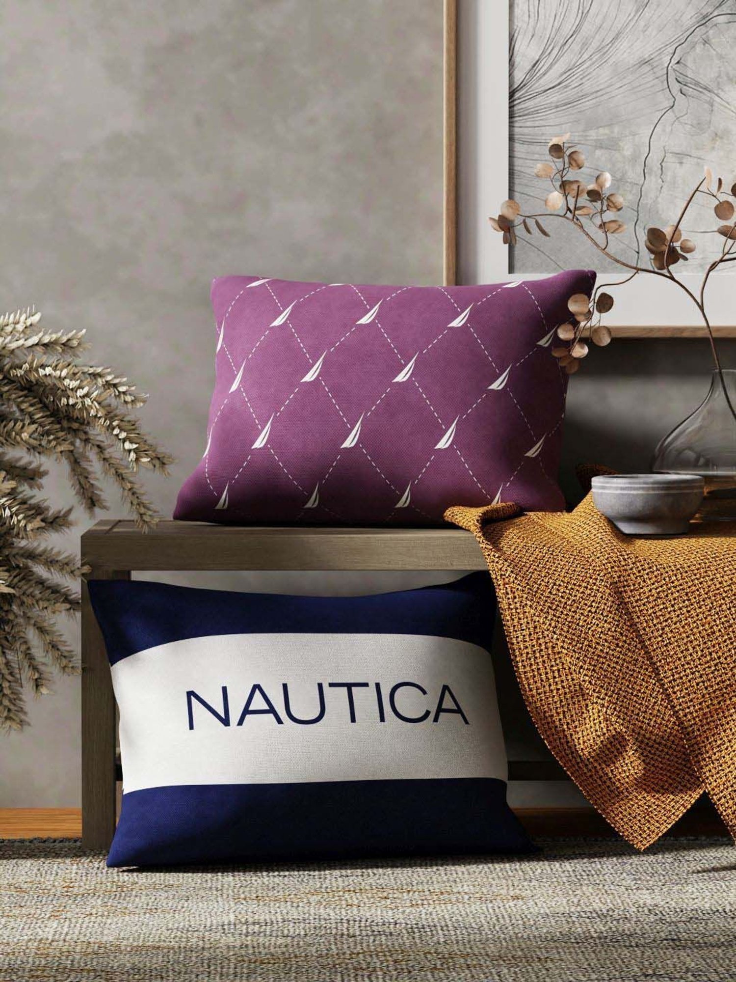 Nautica Logo Stripe Grape & Navy Microfibre 300 GSM Premium Cushion Covers - Set of 2