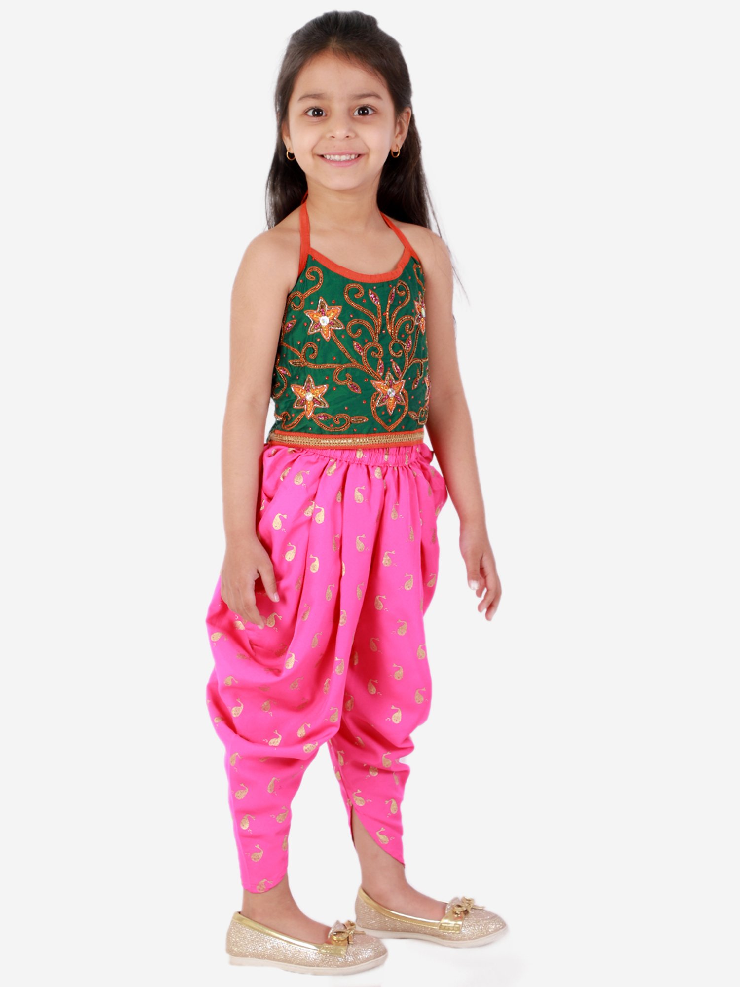 TWISHA Kids Green & Pink Embellished Top with Dhoti