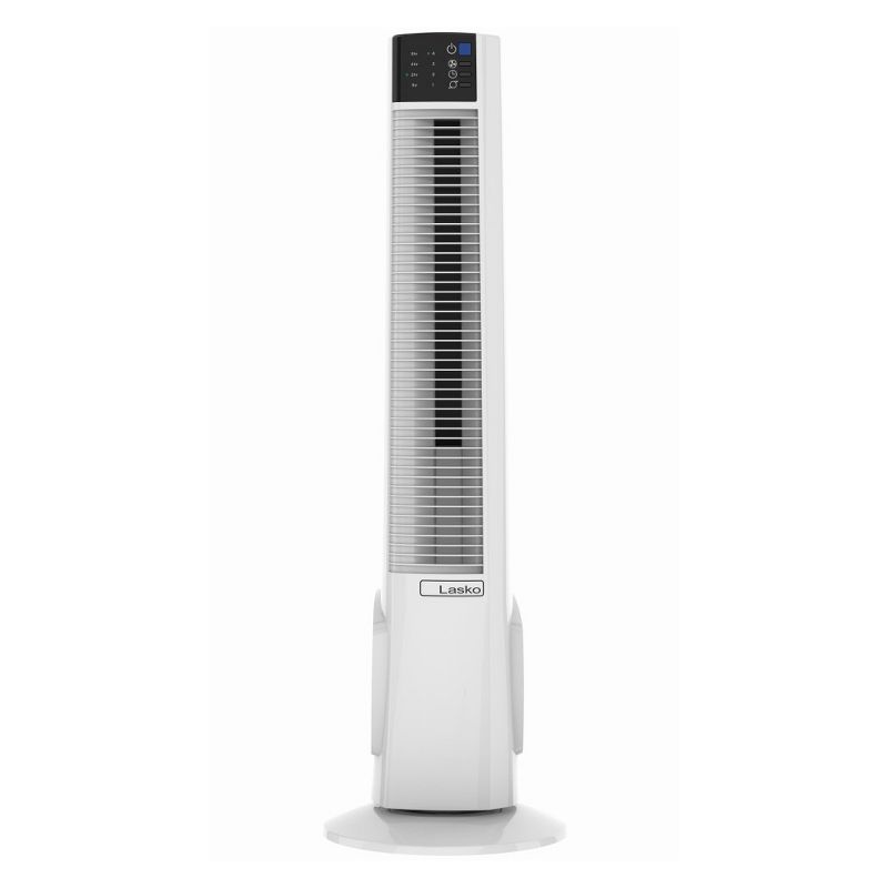Lasko LKO-T38400 4 Speed Bladeless Multi Function Remote Control Indoors Oscillating Hybrid Tower Floor Fan with 8 Hour Timer, White