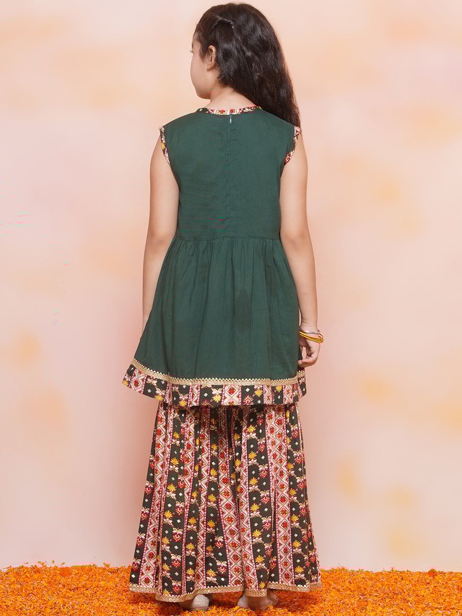 AJ Dezines Kids Dark Green & White Floral Print Kurta with Sharara