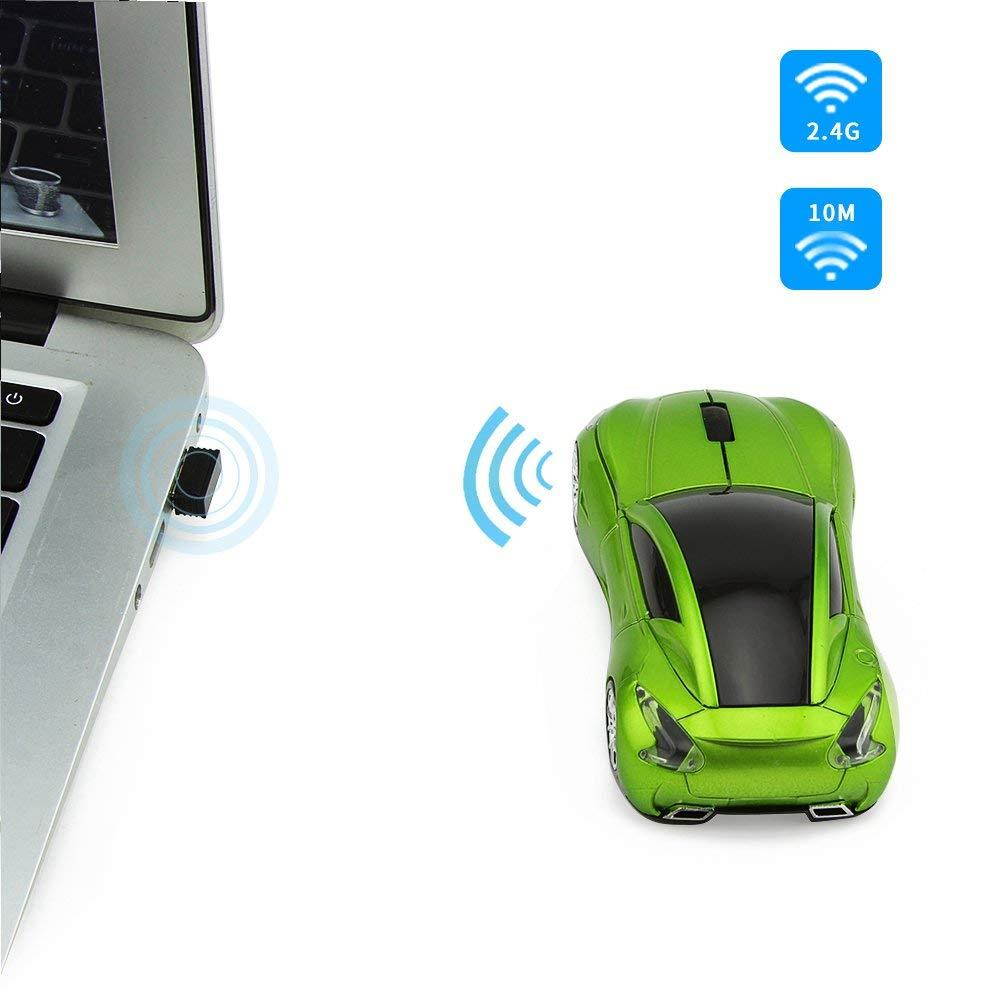 Usbkingdom Cool Sport Car Shape 2.4GHz Wireless Mouse Optical Cordless Mice with USB Receiver for PC Laptop Computer 1600DPI 3 Buttons Green