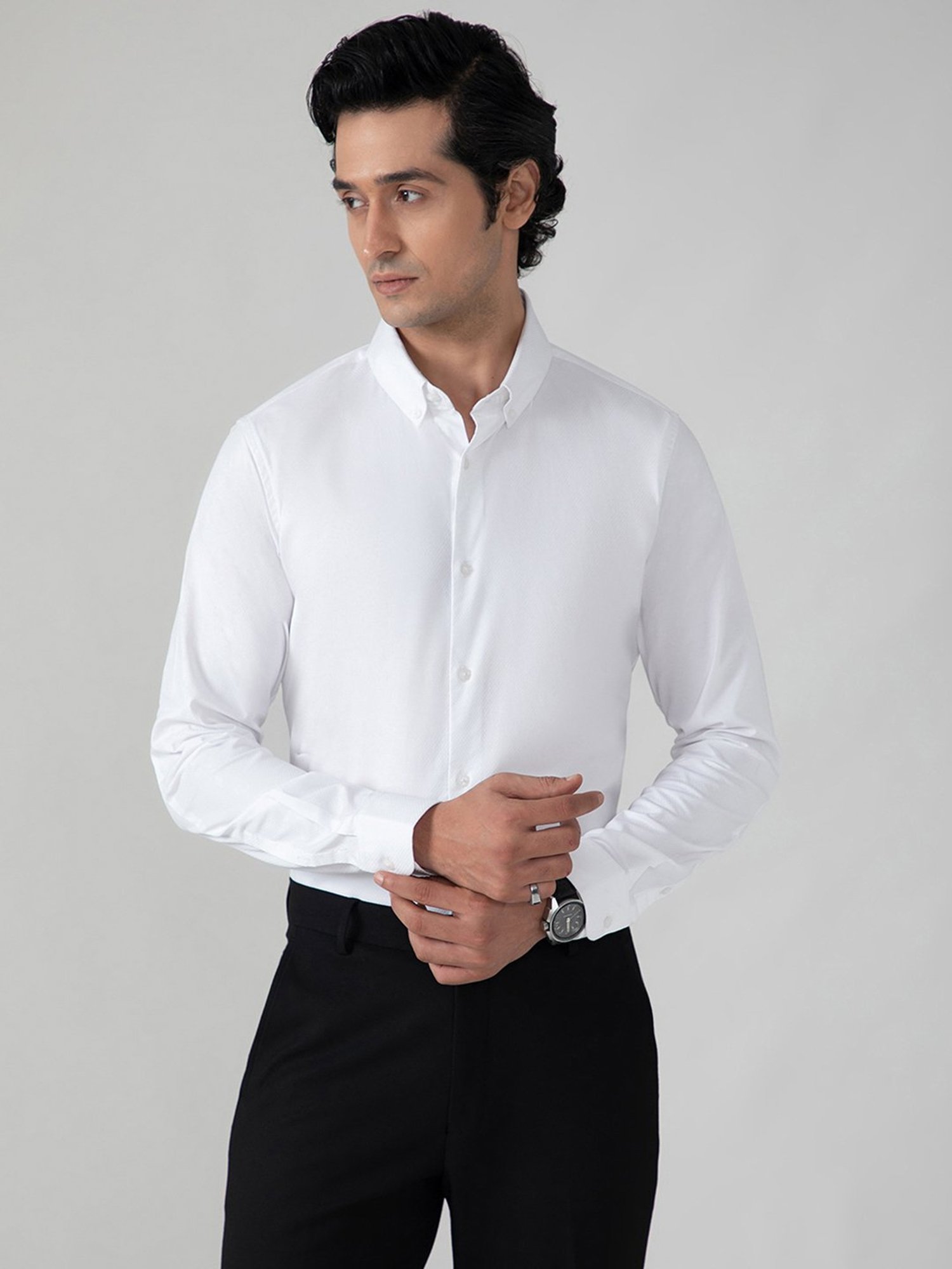 SUBTRACT White Slim Fit Self Design Shirt