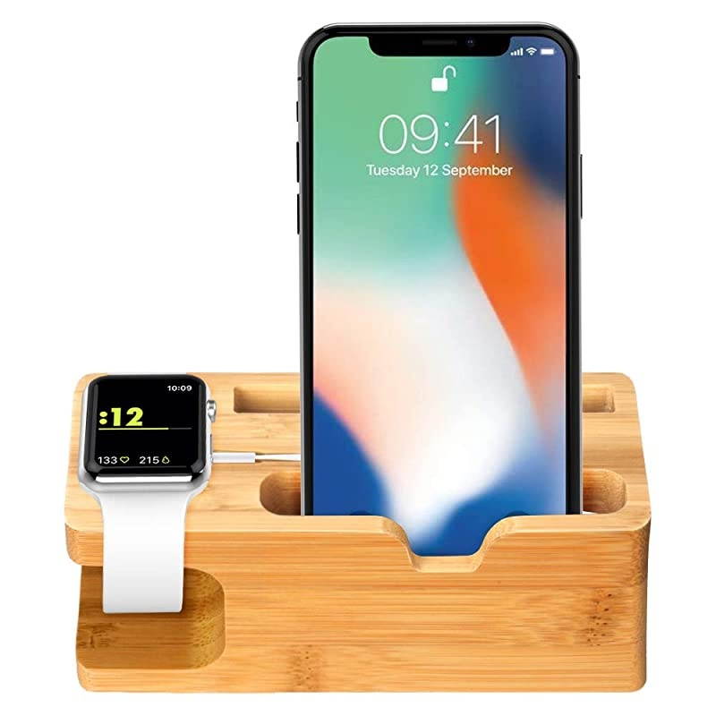 Apple Watch Stand,  Bamboo Wood Charging Stand Bracket Docking Station Cradle Holder W Business Card Slot Phone Stand for iPhone X 8 7 6 Plus 5 5c and Apple Watch 38mm 42mm Series 3 Series 2 Series 1