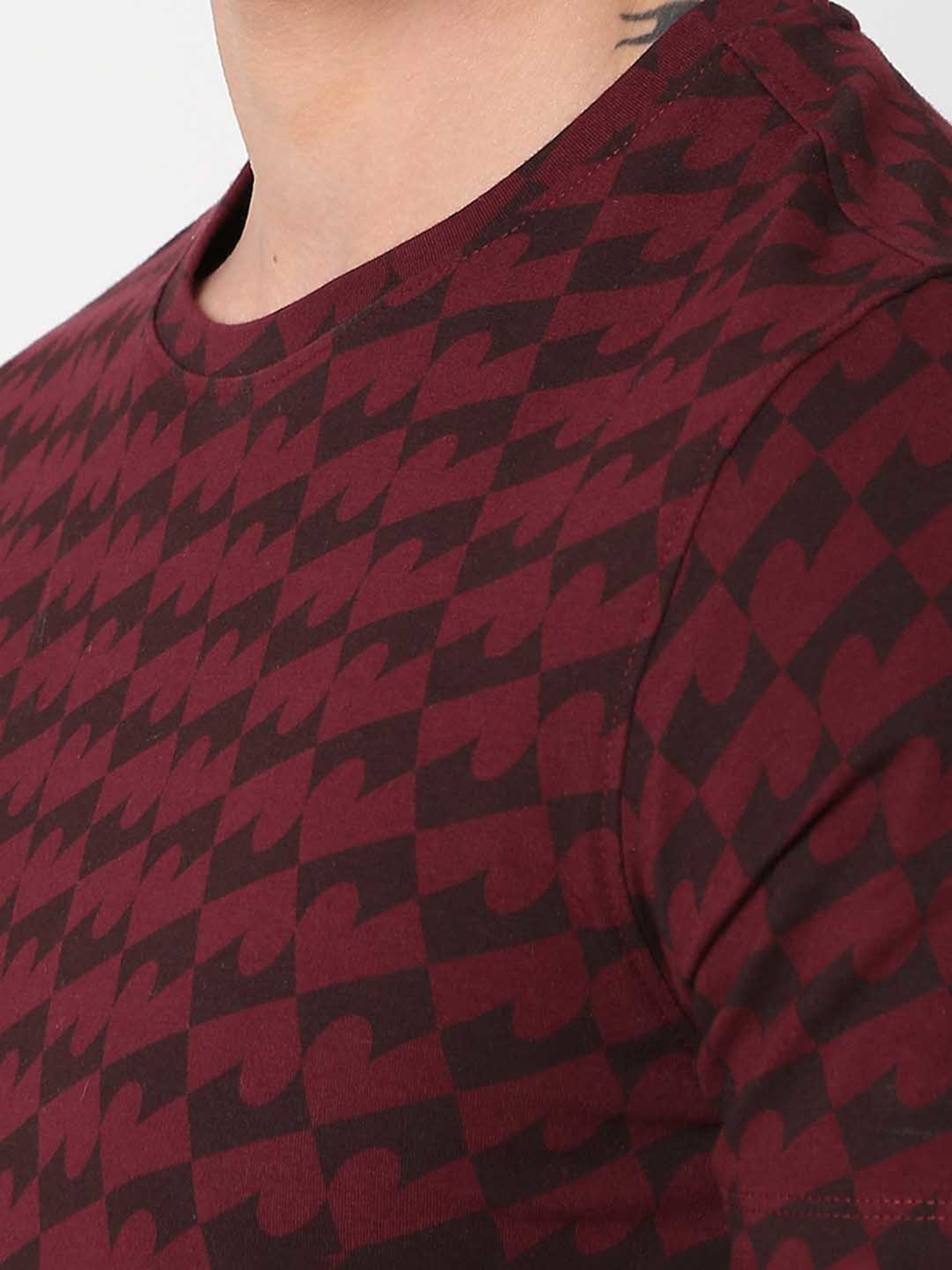 Spykar Maroon Slim Fit Printed Crew T-Shirt