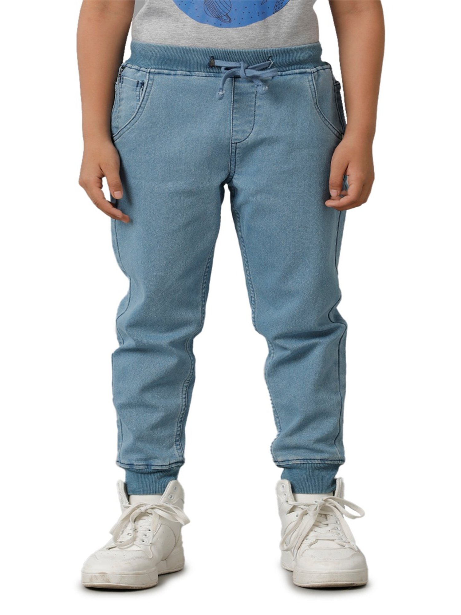Under Fourteen Only Boys Blue Solid Denim Joggers