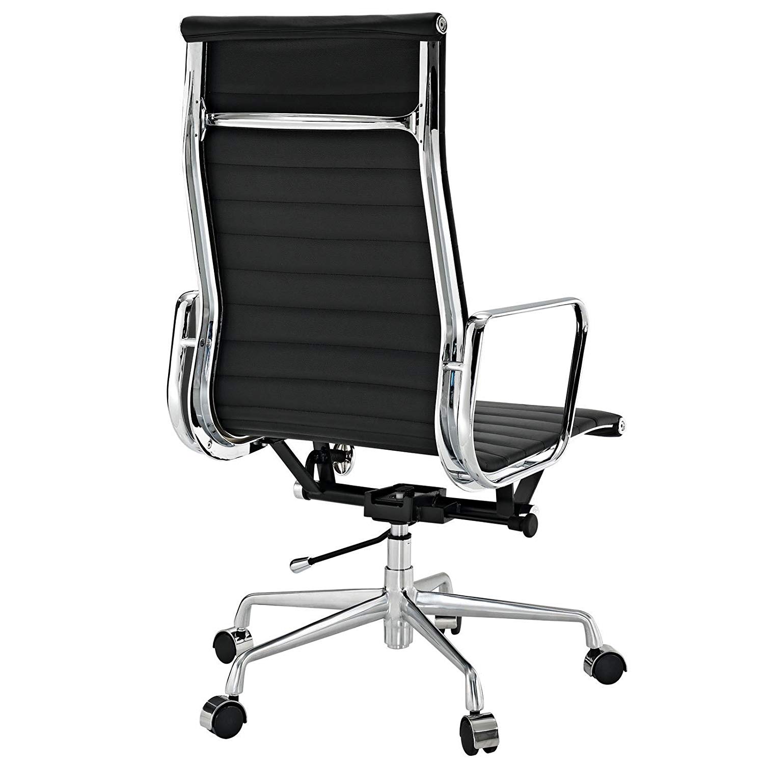 eMod Eames Adjustable Height Office Chair in PU Leather with Chromed Steel Frame, Polished Aluminum Armrests, 360-Degree Perfect Swivel, Ribbed High Back, A Tension Knob, Tilt Lock Lever - BLACK COLOR