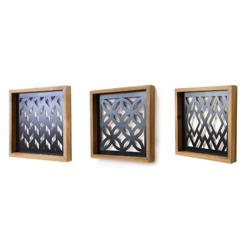 (Set of 3) Modern Wood and Metal Laser Cut Wall Décor Natural/Black - Stratton Home Décor