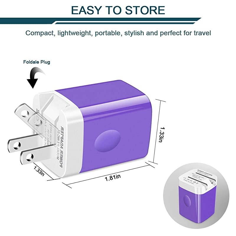 2Pcs  Foldable Charger Plug Dual Port Flat Smart IC USB Wall Charger Box Base Block for Phone XR Max XS X Galaxy S10e 10+ Plus S9 S8 J8 Fire 10 Pixel Moto Sony HTC Honor EarbudsPurple