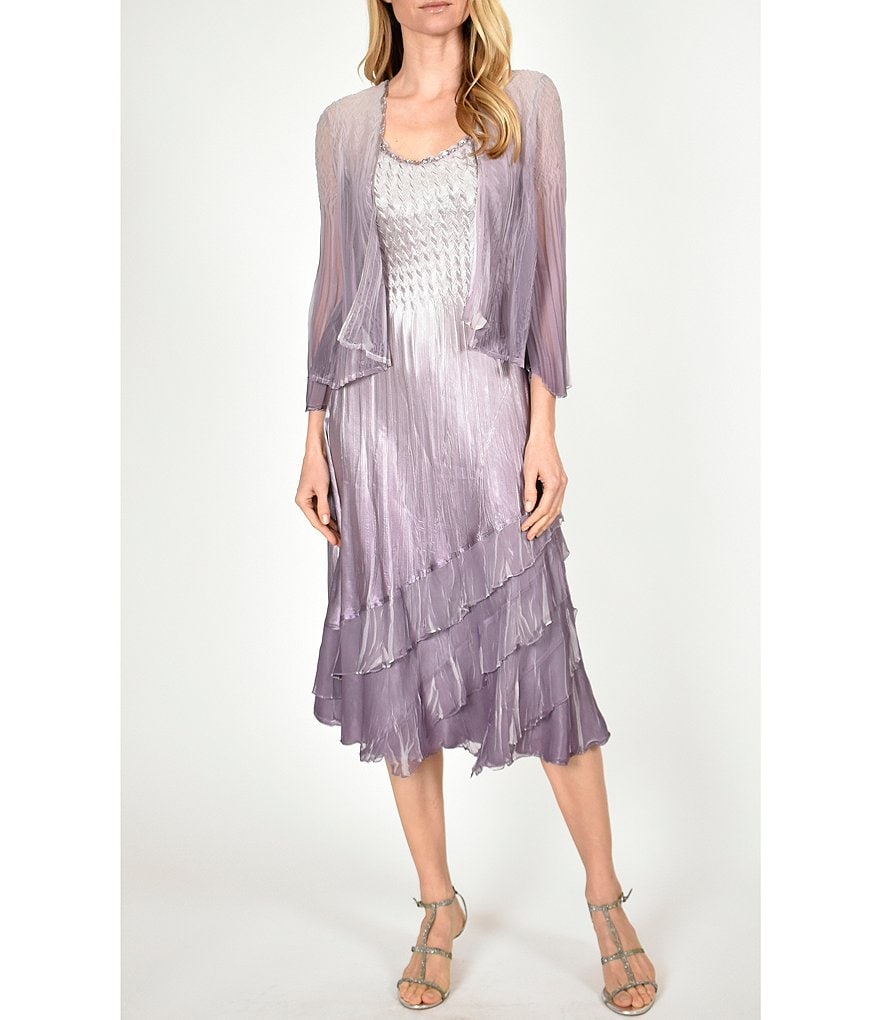 Komarov Beaded Neckline Ombre Chiffon Shiny Satin Charmeuse Crinkle Jacket Dress