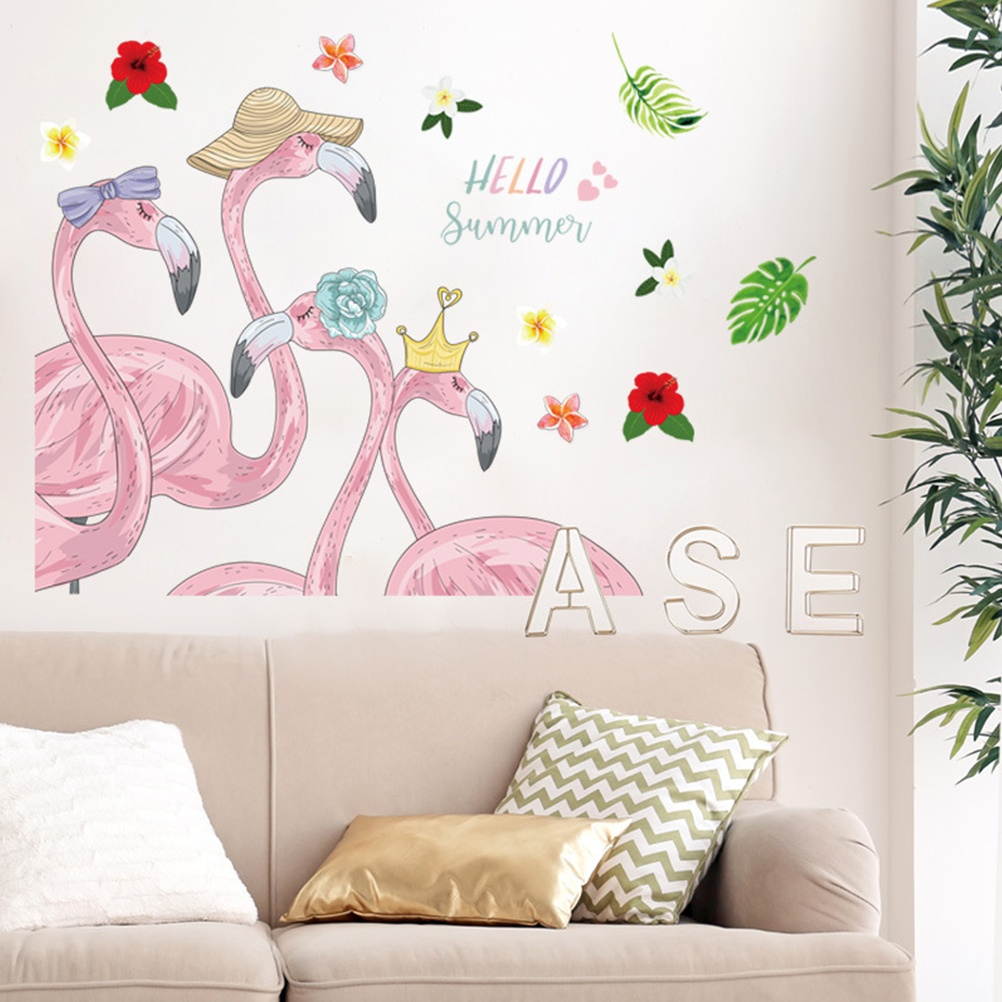 Fashion Hello Summer Pink Flamingos Wall Decals Wall Stickers Decorations for Home Office
