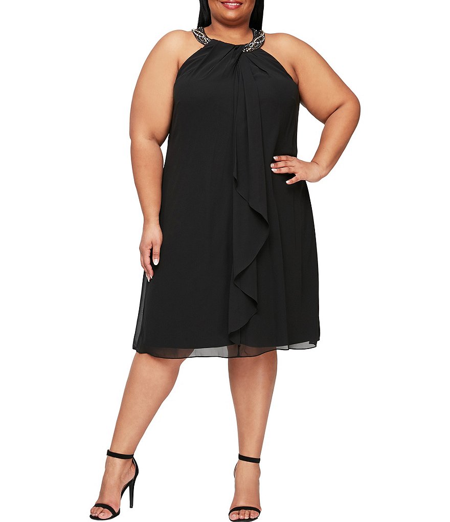Ignite Evenings Plus Size Halter Neck Sleeveless Braid Bead Neck Chiffon Dress