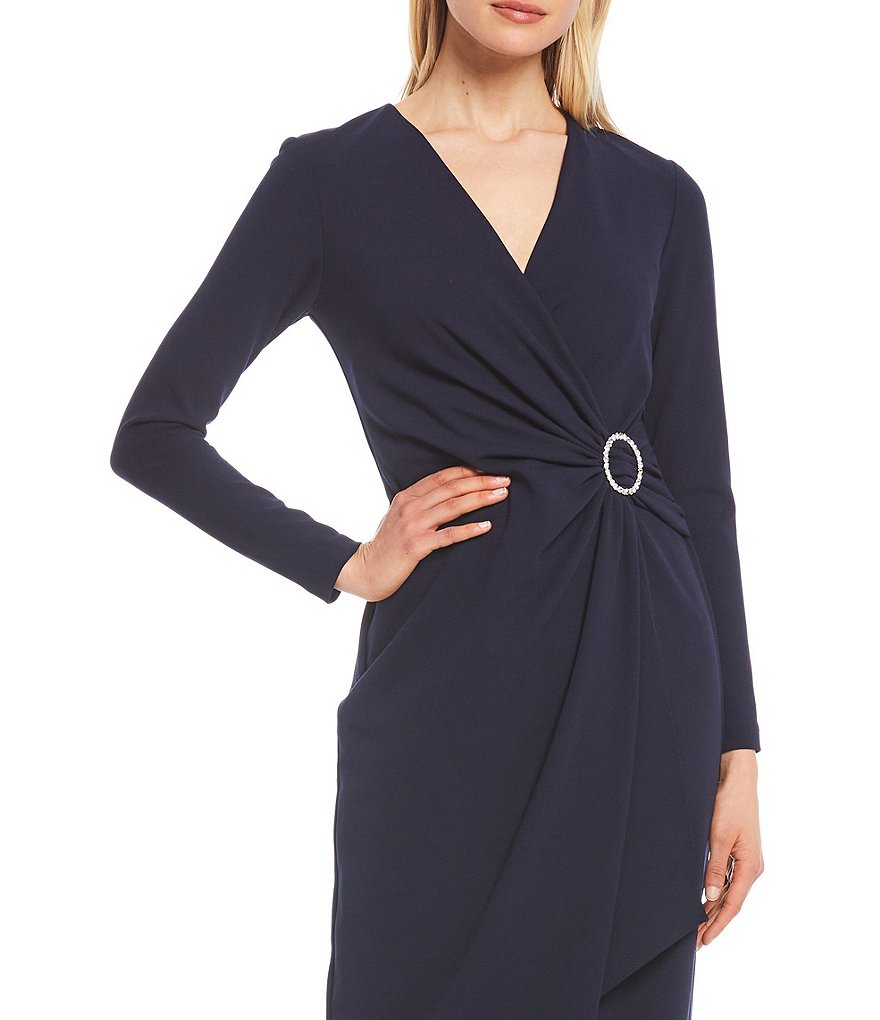 Betsy & Adam Rhinestone Buckle Side Ruched Scuba Crepe Gown