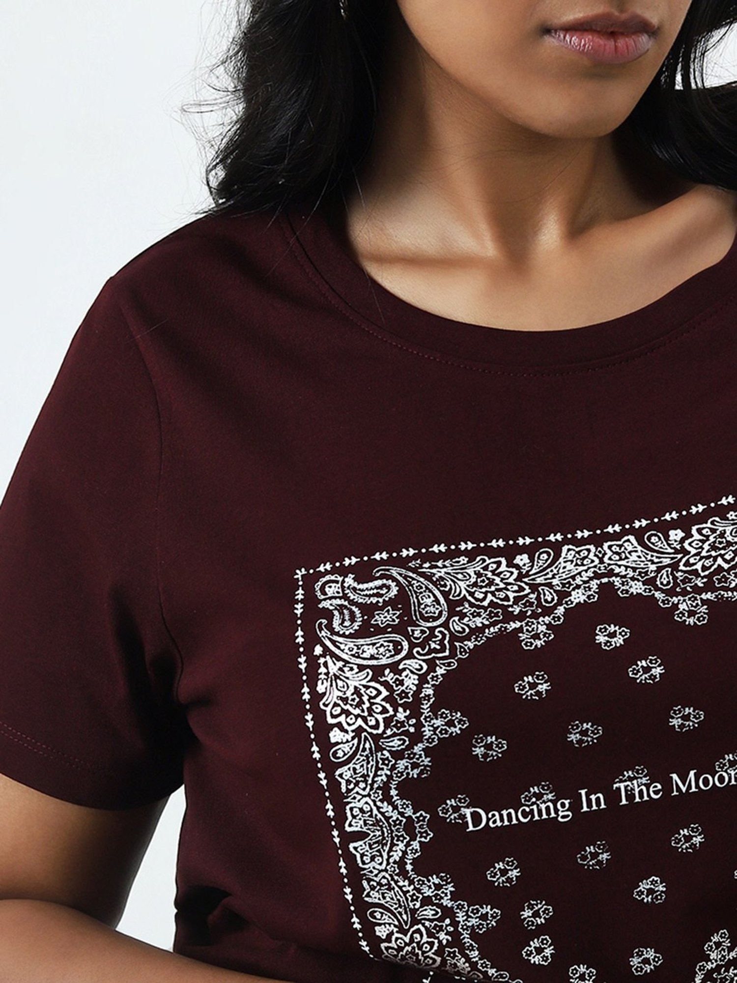 Gia by Westside Maroon Printed Cotton T-Shirt