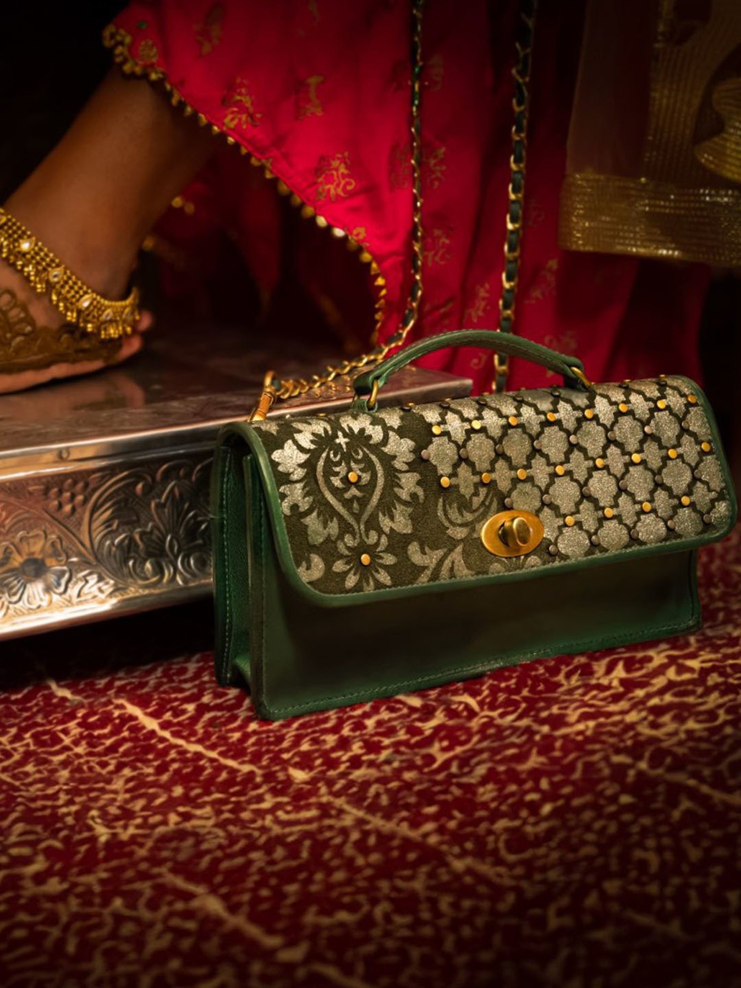 Art N Vintage Luminosa Olive Leather Embellished Small Sling Handbag