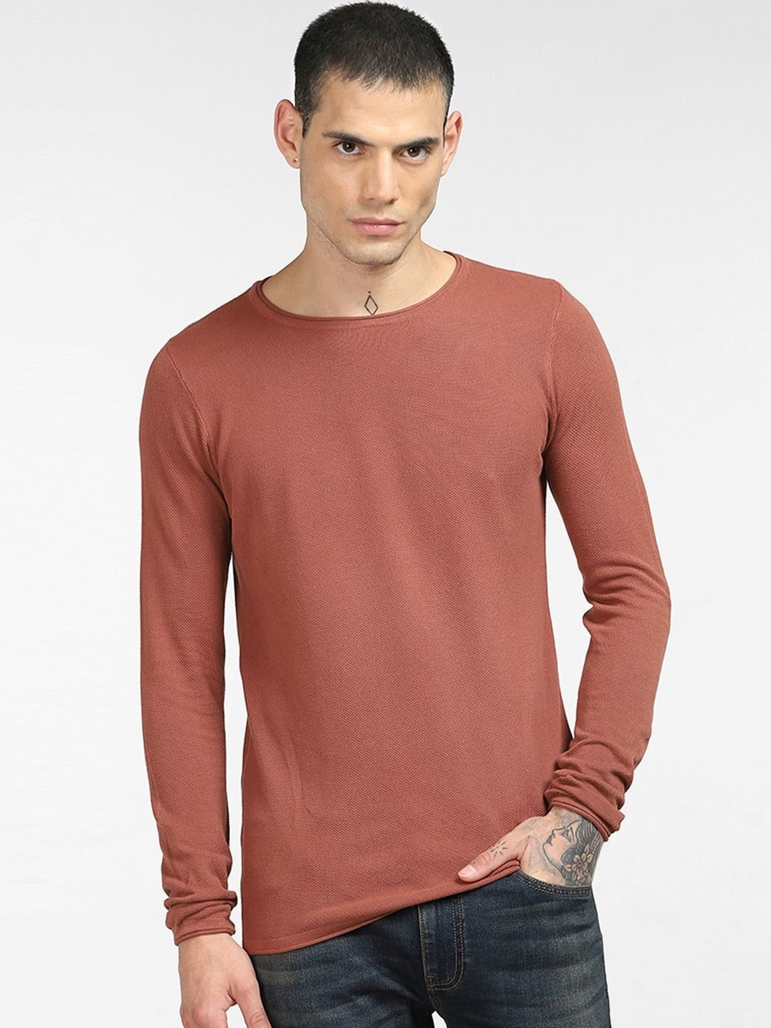 Jack & Jones Brown Patina Cotton Regular Fit Sweater