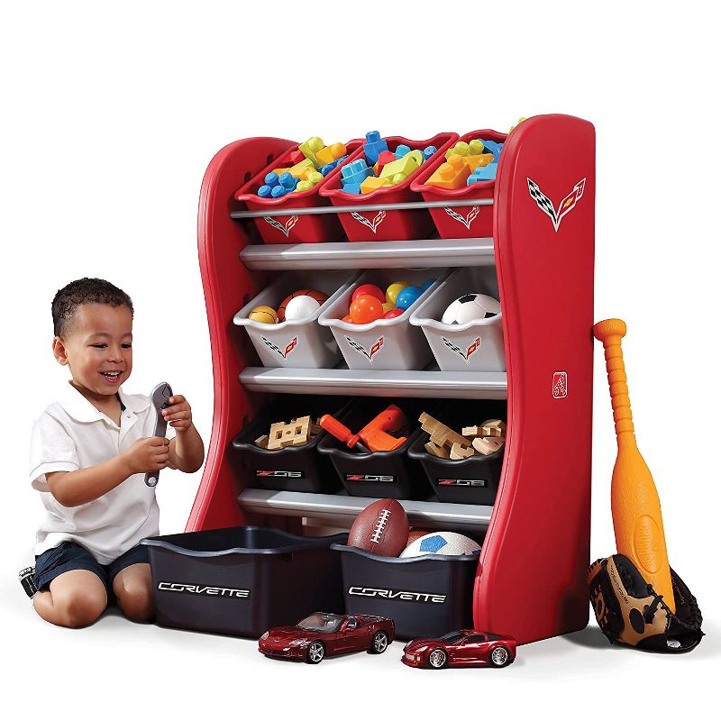 Step2 Kids Corvette Room 11 Bin Plastic Playroom Organizer & Toy Storage Unit with 9 Large Bins, 2 Jumbo Bins, and Wall Anchor