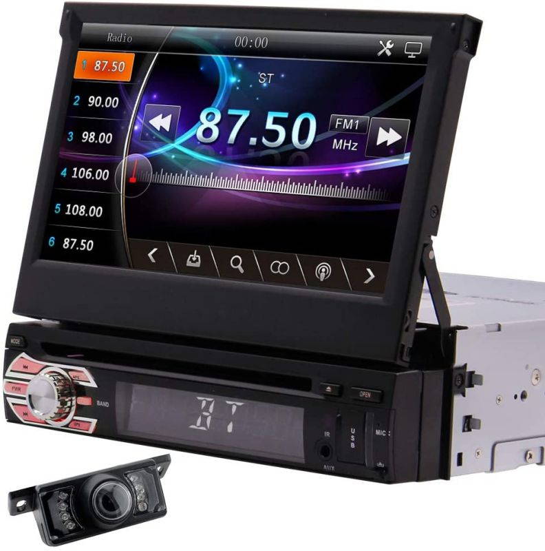Single Din Car Stereo Touch Screen Radio with Bluetooth 7 Inch Flip Out Autoradio in Dash Head Unit Support DVD CD Player AM FM GPS Navigation Mirror Link for Android Phones Backup Camera Remote