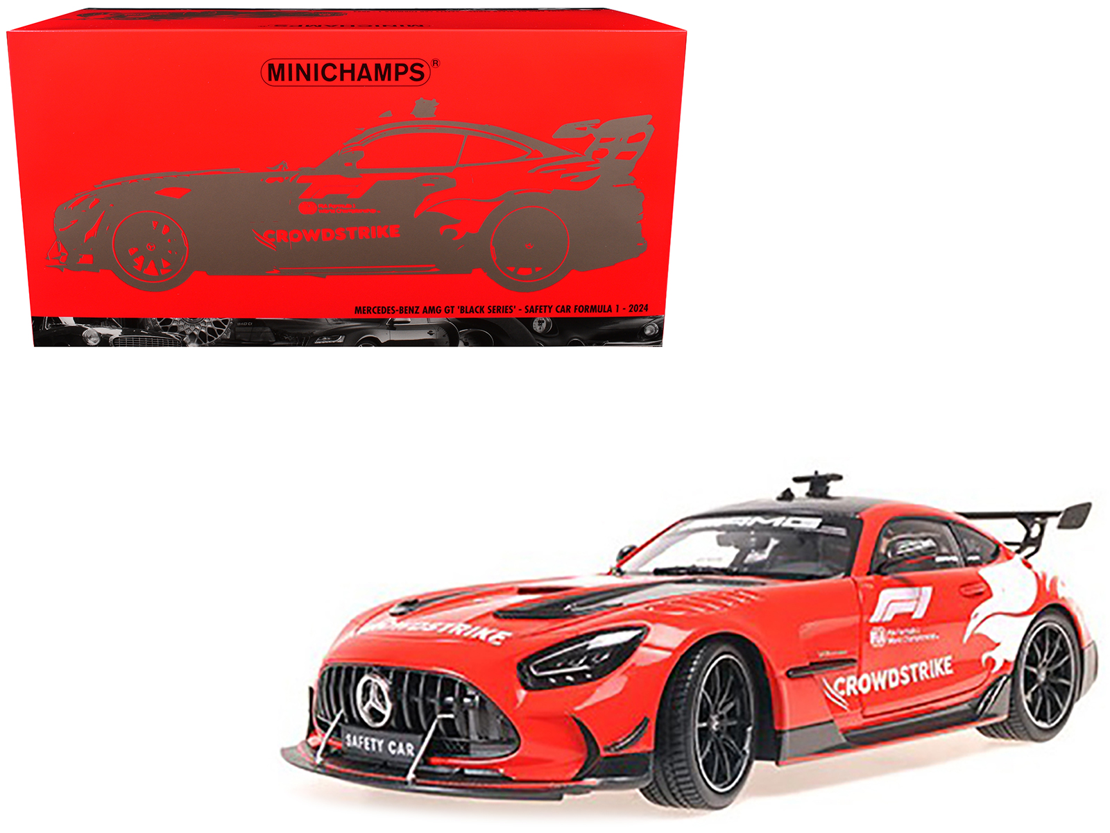 2024 Mercedes-Benz AMG GT Black Series "Formula 1 Safety Car" Red with Black Top and Hood Stripes and Graphics 1/18 Diecast Model Car by Minichamps