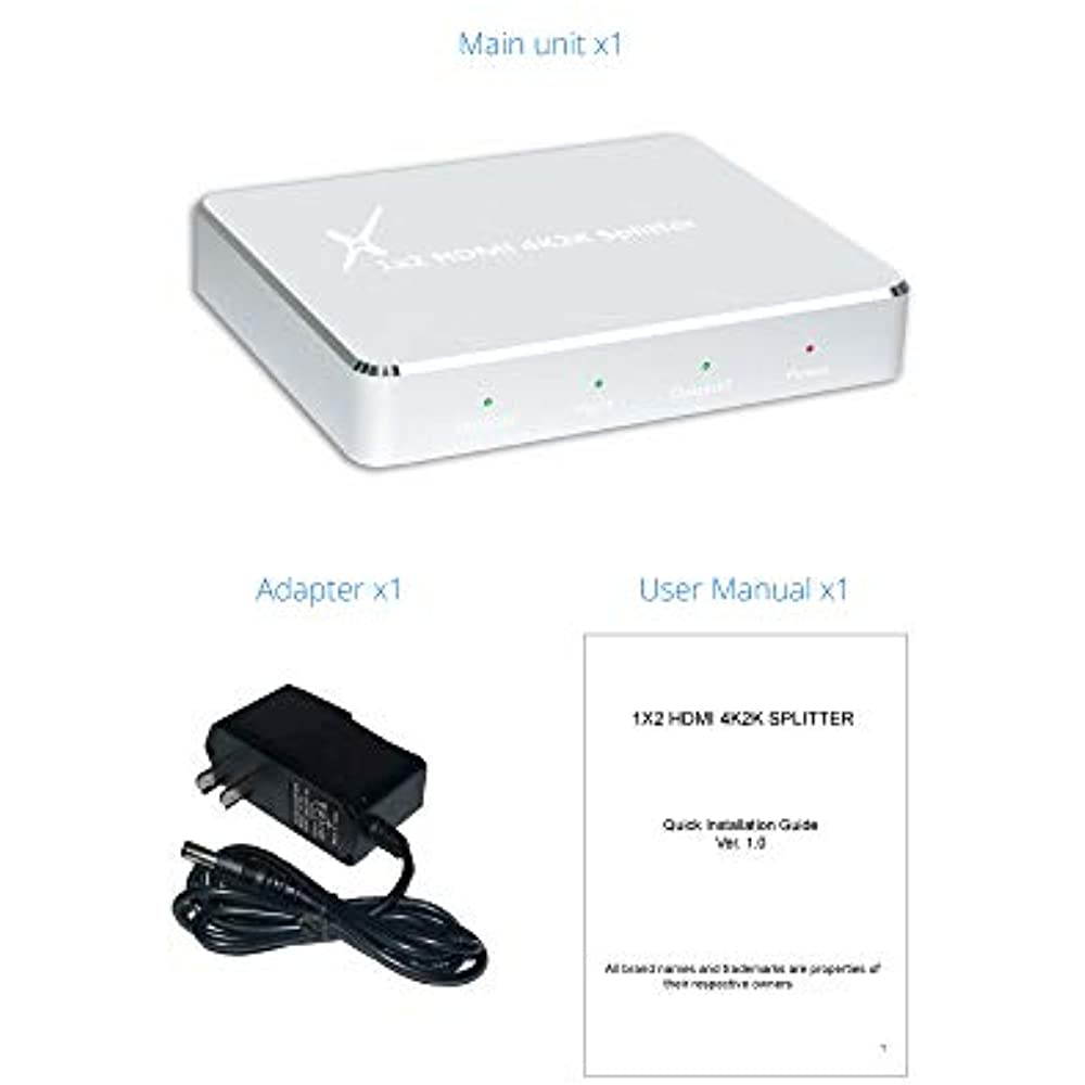 XtremPro HDMI Splitter Slim 1x2 Ports, 1 in 2 out Aluminium Splitter w/ AC Adapter, Supports HDTV, 4K2K 1080P, Full 3D for PS, Xbox, Nintendo, Projector - Silver (62102KA)