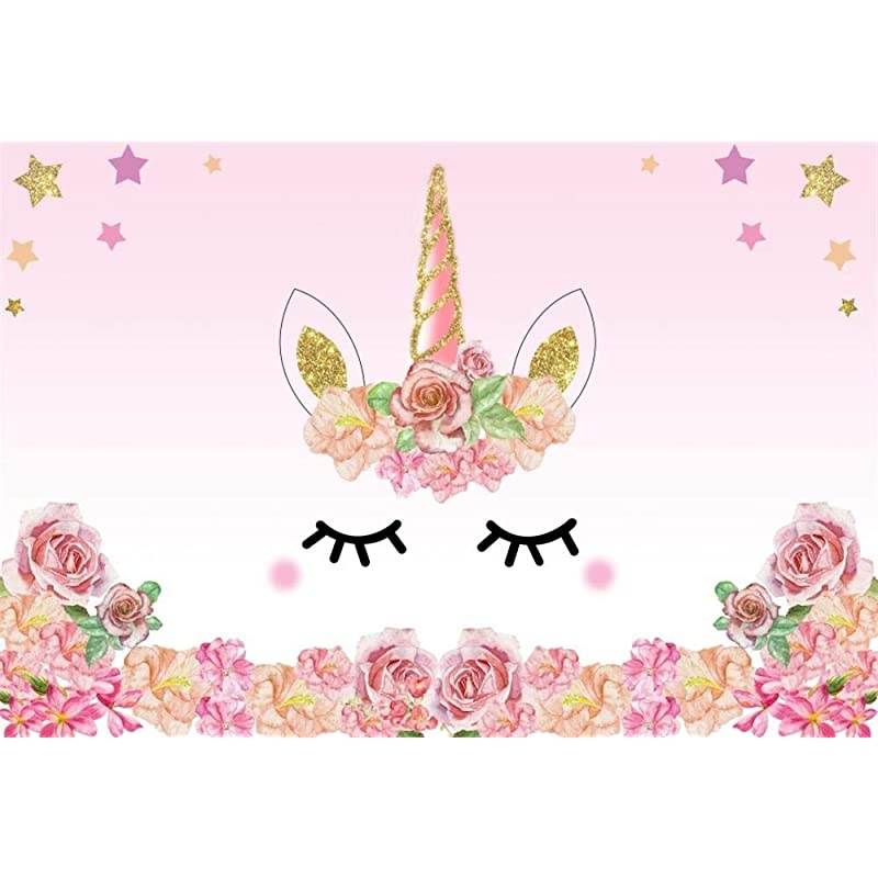 5x3ft Photography Background Unicorn Birthday Party Photo Backdrop Background Watercolor Flowers Roses Cute Stars Smiling Face Baby Shower Unicorn Head Sweet Pink Girls Photo Portrait Stduio