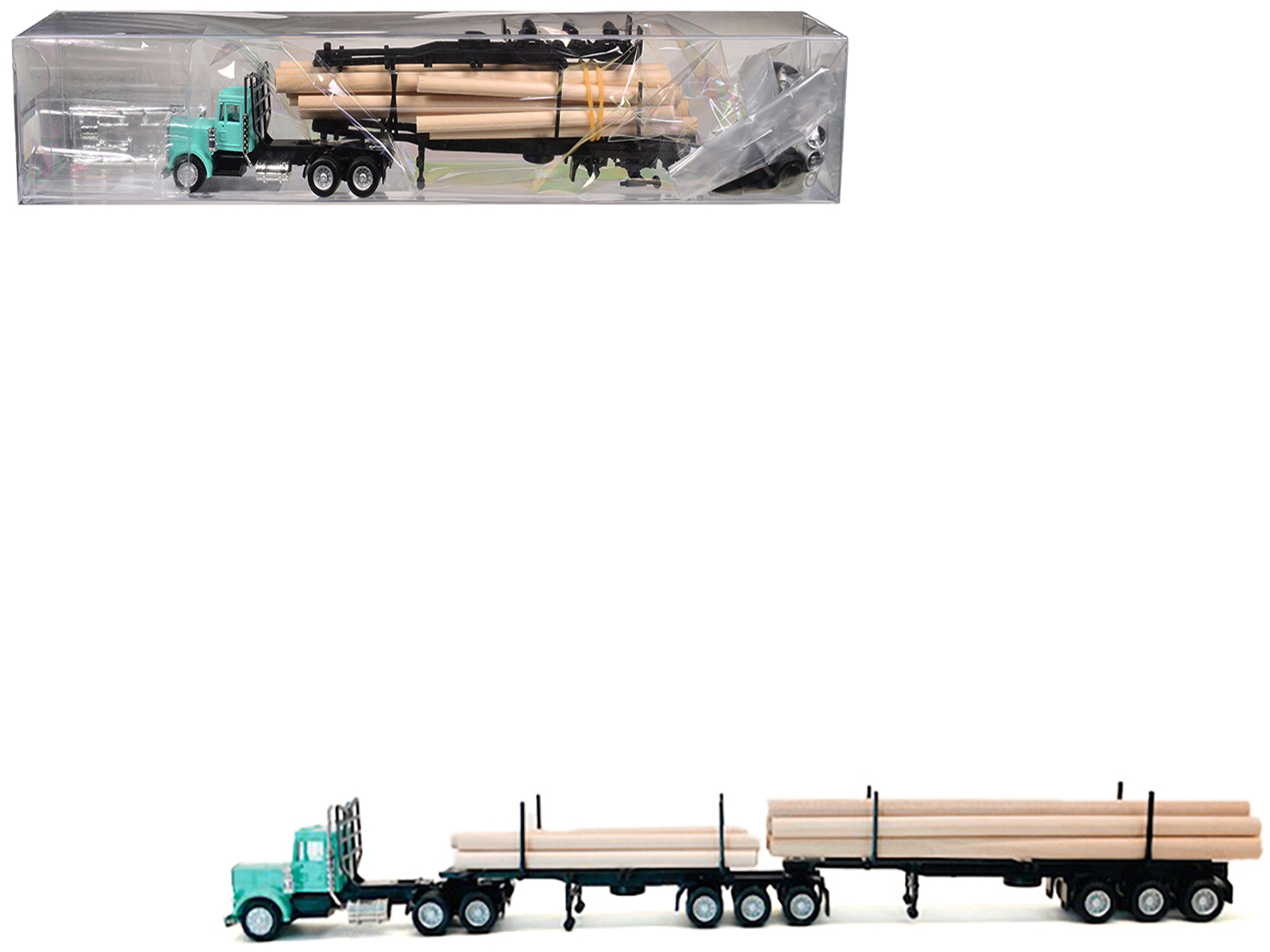 Peterbilt Super B Log Truck and Trailer Blue with Log Accessories 1/87 (HO) Plastic Model Car by Promotex